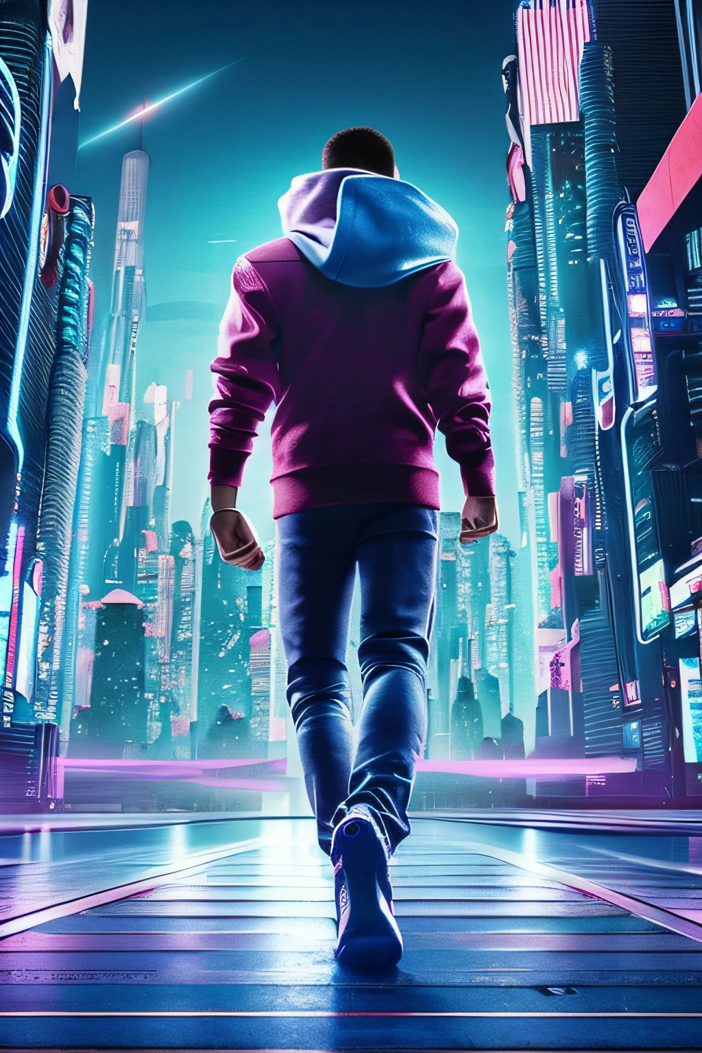 imagem superior 4k uma garotinha de cabelo azul de moletom com saia olhando as luzes de uma cidade brilhante cyberpunk ultra realista