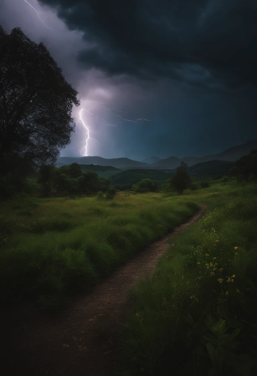 A large place with lots of grass and plants, with a cloudy and dark atmosphere, accompanied by lightning strikes
