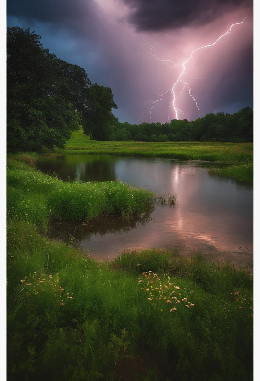 A large place with lots of grass and plants, with a cloudy and dark atmosphere, accompanied by lightning strikes