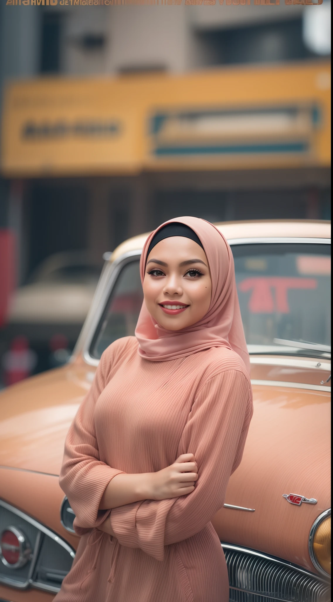 Malay girl in hijab wear Rib-Knit Halterneck Sports Romper , seat infront of vintage car, old junk car, front view, detail skin, detail skin texture, mole below eyes, small breast, big hip, big waist, big thigh, slim abs, beautiful body, evening, laughing, happy, bright lighting, blur background, bokeh, vintage effect photo, vintage color, retro color, high quality, 8k