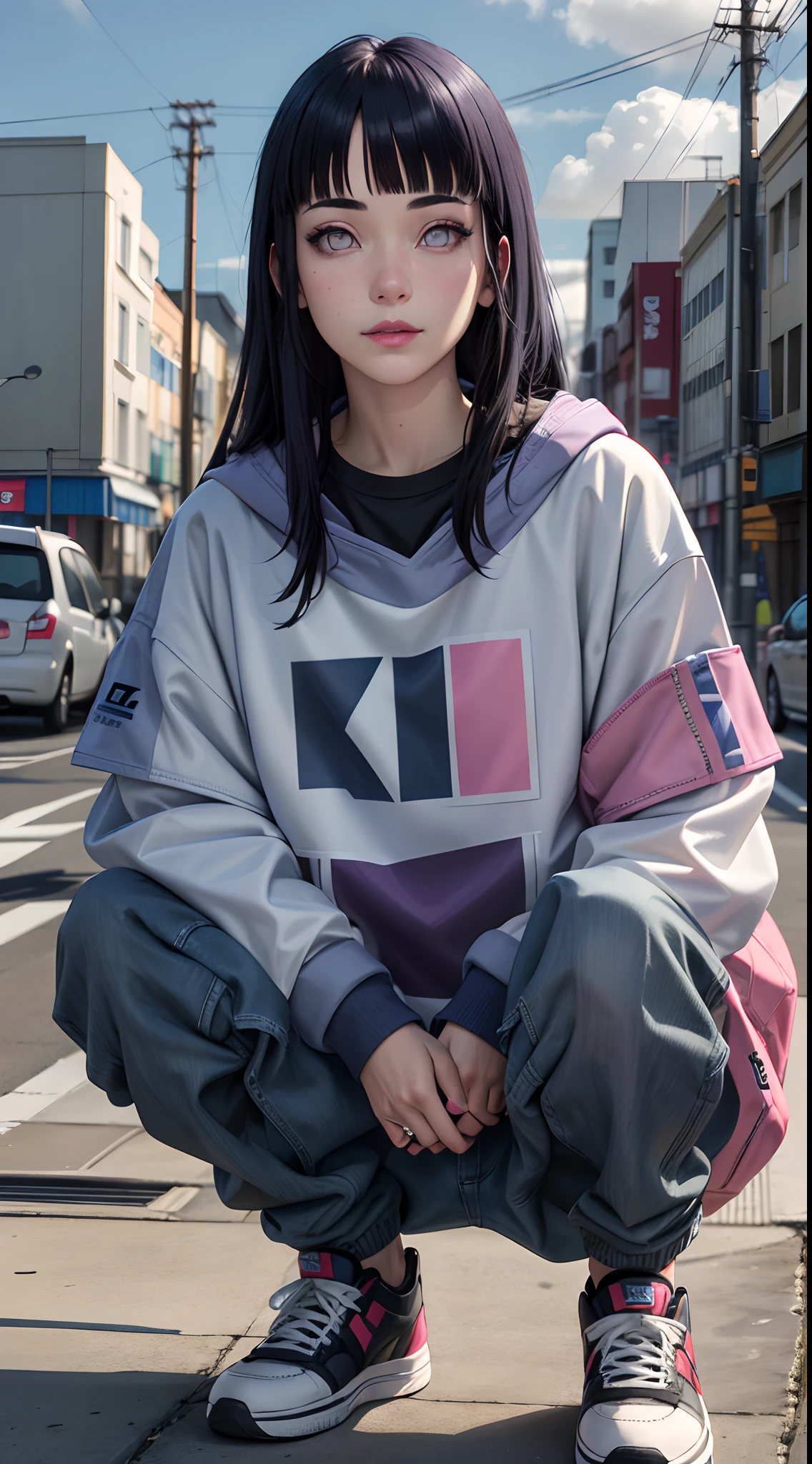 masterpiece, hinata\(boruto\), 1girl, solo, ((((Streetwear Fashion)))), (Streetwear), outdoors, looking at viewer, cloudy sky, perfect composition, detailed lips, beautiful face, body propotion, blush, (pink lips), ((long hair)),  purple eyes,  soft gaze, sad smile,  super realistic, detailed, photoshoot, realistic face and body,  realistic hair, realistic eyes, realistic nose, realistic lips, (((dark blue hair))),