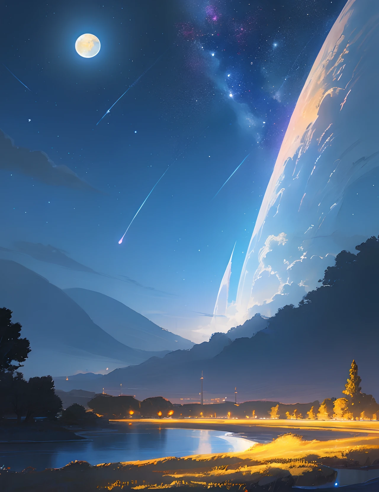 A painting of a river with stars and moon in the sky, concept art inspired by Tosa Mitsuoki, pixiv contest winner, best quality, fantasy art, beautiful anime scene, a bright moon, moonlit starry environment, dream painting, Anime Background Art, Fantasy Landscape Art, Fantasy Night, Anime Background, Background Artwork, Fantastic Art, Atmospheric Anime, Starry Sky, Detail Enhanced.