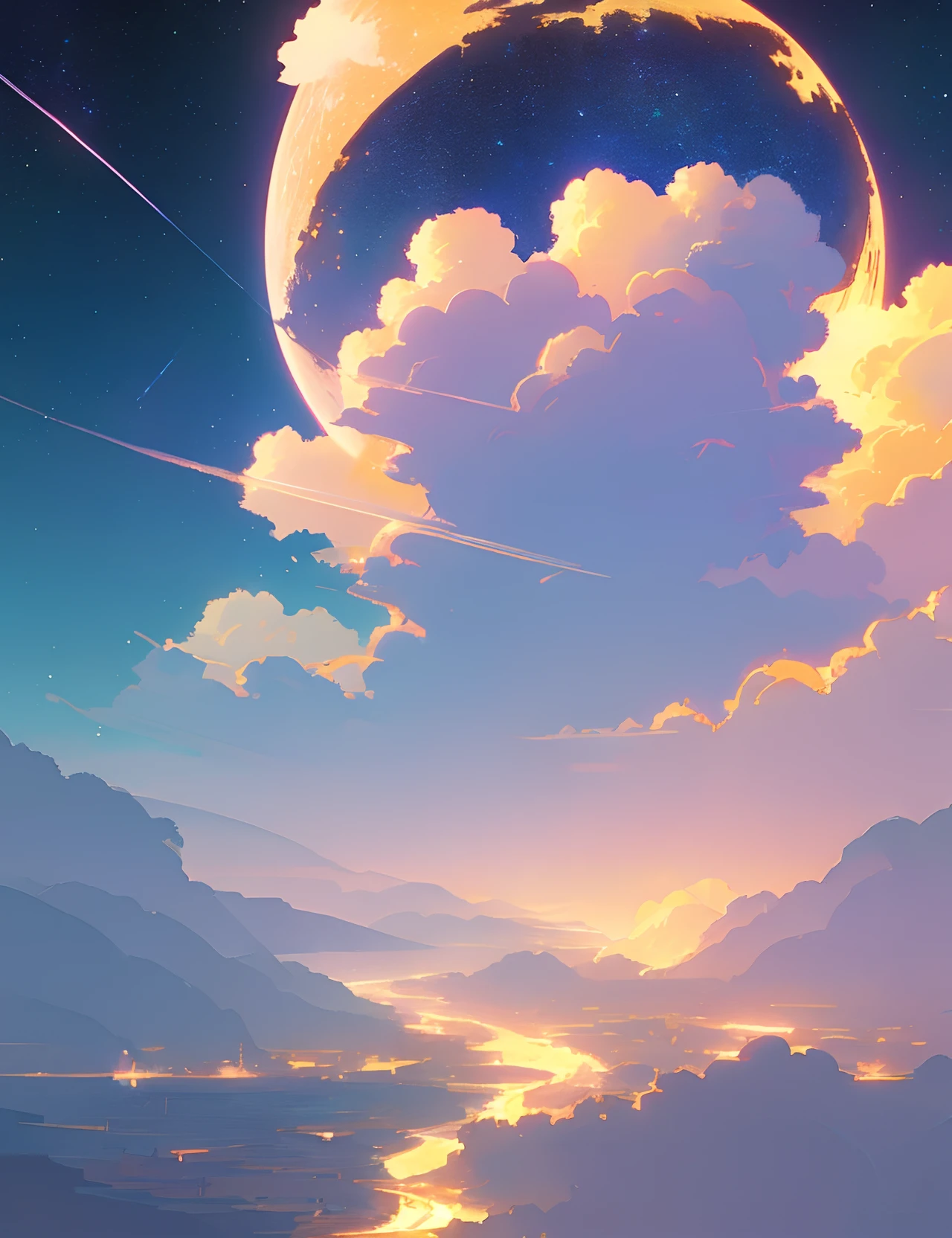 A painting of a river with stars and moon in the sky, concept art inspired by Tosa Mitsuoki, pixiv contest winner, best quality, fantasy art, beautiful anime scene, a bright moon, moonlit starry environment, dream painting, Anime Background Art, Fantasy Landscape Art, Fantasy Night, Anime Background, Background Artwork, Fantastic Art, Atmospheric Anime, Starry Sky, Detail Enhanced.