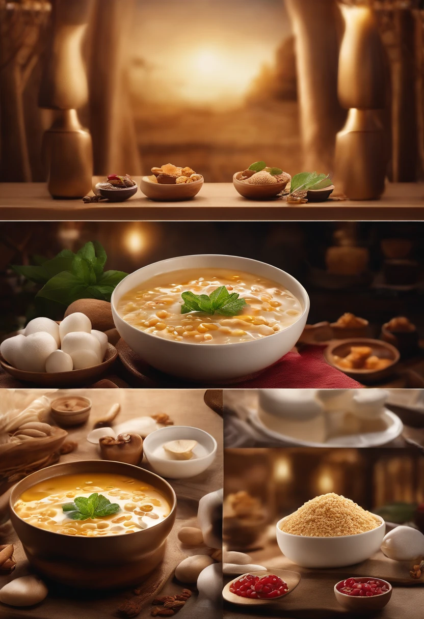 Eight treasure porridge，Commercial shooting,, ,poster for, Fresh style background, elegant, Booth lighting, Attractive, photorealistic colors, Ultra HD，photorealestic，Product packaging