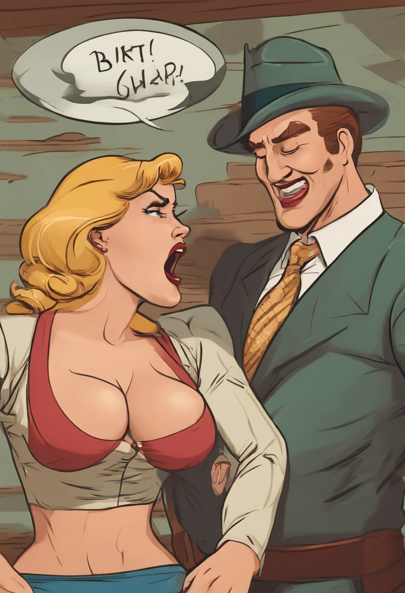 Nsfw cartoon of a woman with horns and a hat on talking to a man, 3/4 bust, bust, her face flushing and sweat, big bust, big breasts!, big breasts!!, yelling furiously, chest up bust shot, pissed off, bust shot, with a large breasts, disgust, with a very large mouth, yelling, sie boob