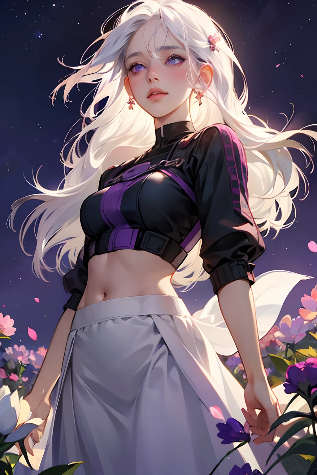 realistic, 1girl, white hair, purple eyes, glowing eyes, crop top, skirt, parted lips, blush, night, flowers, sun, sunlight,