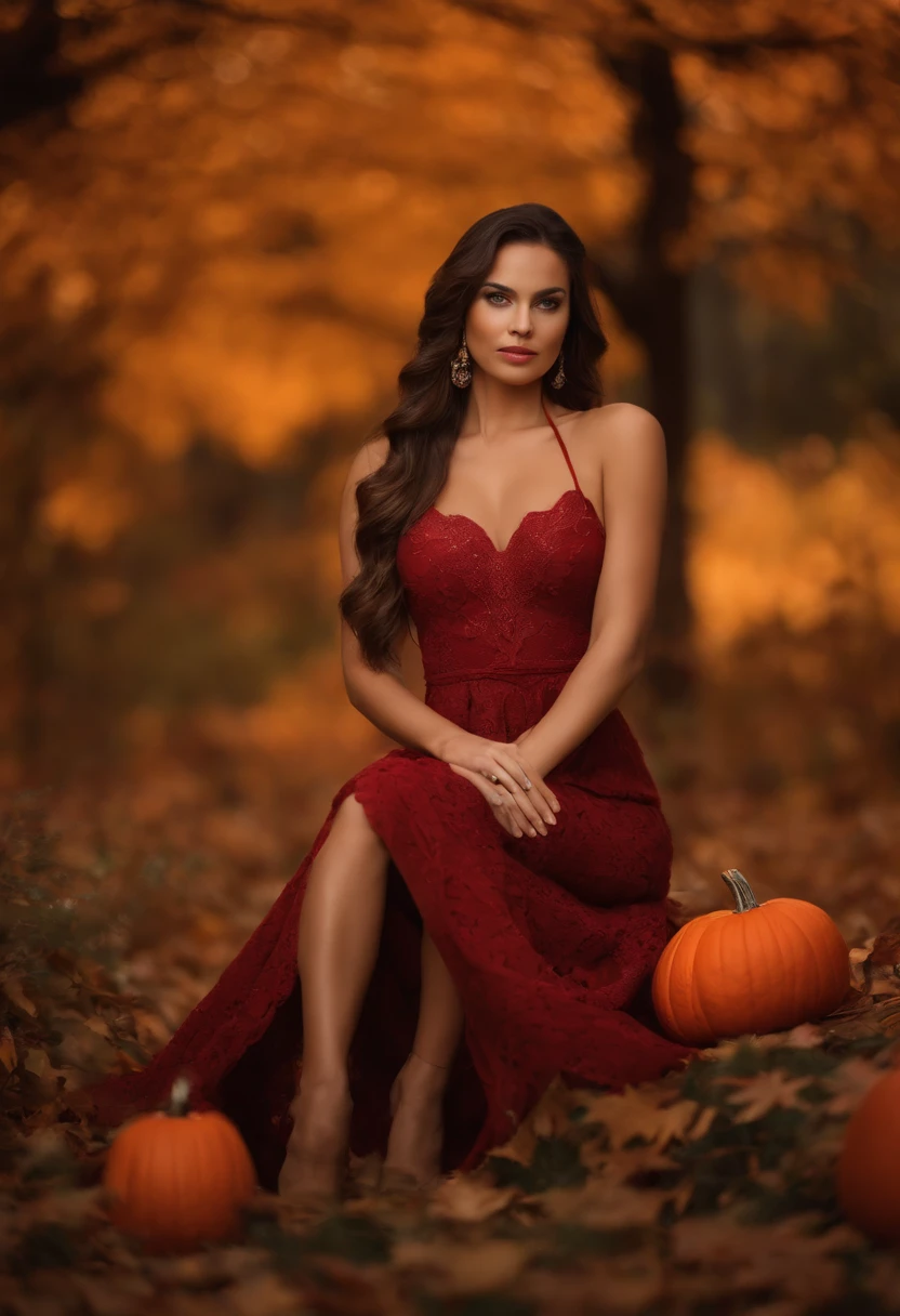 Generate full body photography of Autumn, the stunning brunette influencer. She should appear in her mid-20s, approximately 5'4" tall, with long, wavy chestnut hair that falls gracefully on her shoulders. She has an athletic hourglass figure accentuated by her full bust. Her complexion should be flawless, with a warm, sun-kissed tan. Autumn's expressive brown eyes should radiate charisma, and she should have a relaxed and confident demeanor.Autumn should be standing in a cozy yet mysterious room filled with Halloween decorations. She's wearing a costume that teases the upcoming Halloween excitement, with playful elements and hints of spice. Her attire should reflect her anticipation for this time of year. The overall ambiance should evoke the magical and thrilling atmosphere of Halloween.For her poses, capture Autumn in playful and enticing positions that align with the Halloween theme, showcasing her love for this festive season. Ensure that the image maintains a sense of charm, anticipation, and the upcoming reveal of her favorite costumes.The image should possess photorealistic quality, with meticulous attention to details like symmetrical eyes and face. Utilize advanced photography techniques, including path tracing, specular lighting, volumetric face light, path traced hair, visible shadows, and intricate, elaborate, hyper-realistic elements.