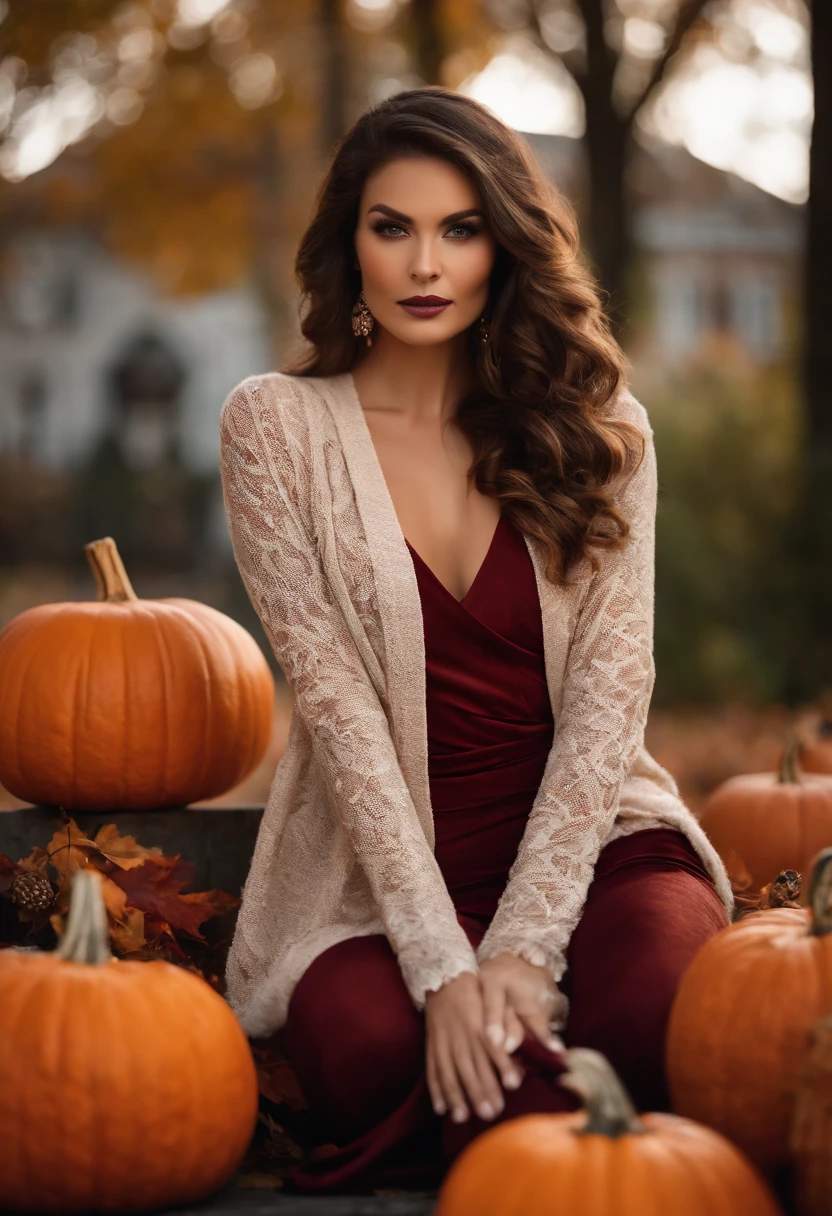 Full body photography of Autumn, the stunning brunette influencer. She should appear in her mid-20s with long, wavy chestnut hair that falls gracefully on her shoulders. She has an athletic hourglass figure accentuated by her full bust. Her complexion should be flawless, with a warm, sun-kissed tan. Autumn's expressive brown eyes should radiate charisma, and she should have a relaxed and confident demeanor. Autumn is dressed in a sultry yet tasteful ensemble, wearing a deep burgundy velvet dress with a daring low neckline and a high slit, accentuated by knee-high cognac leather boots and a wide-brimmed hat. Her accessories include a statement belt and delicate gold necklace.The photoshoot takes place in a rustic pumpkin patch on a crisp autumn day, with vibrant pumpkins and a warm, golden sunset glow. A wooden wagon filled with pumpkins and arranged hay bales add to the rustic charm.Autumn exudes confidence, striking poses that emphasize her hourglass figure. She stands with one hand on her hip, the other cradling a pumpkin, legs crossed, and hair cascading over one shoulder. Her gaze is magnetic, with a subtle, enigmatic smile, enhanced by natural light and shadows. Intense look and makeup, smiling, looks into the camera, symmetrical eyes, symmetrical face, photorealistic, photography, path tracing, specular lighting, volumetric face light, path traced hair, visible shadows, intricate, elaborate, hyper realistic