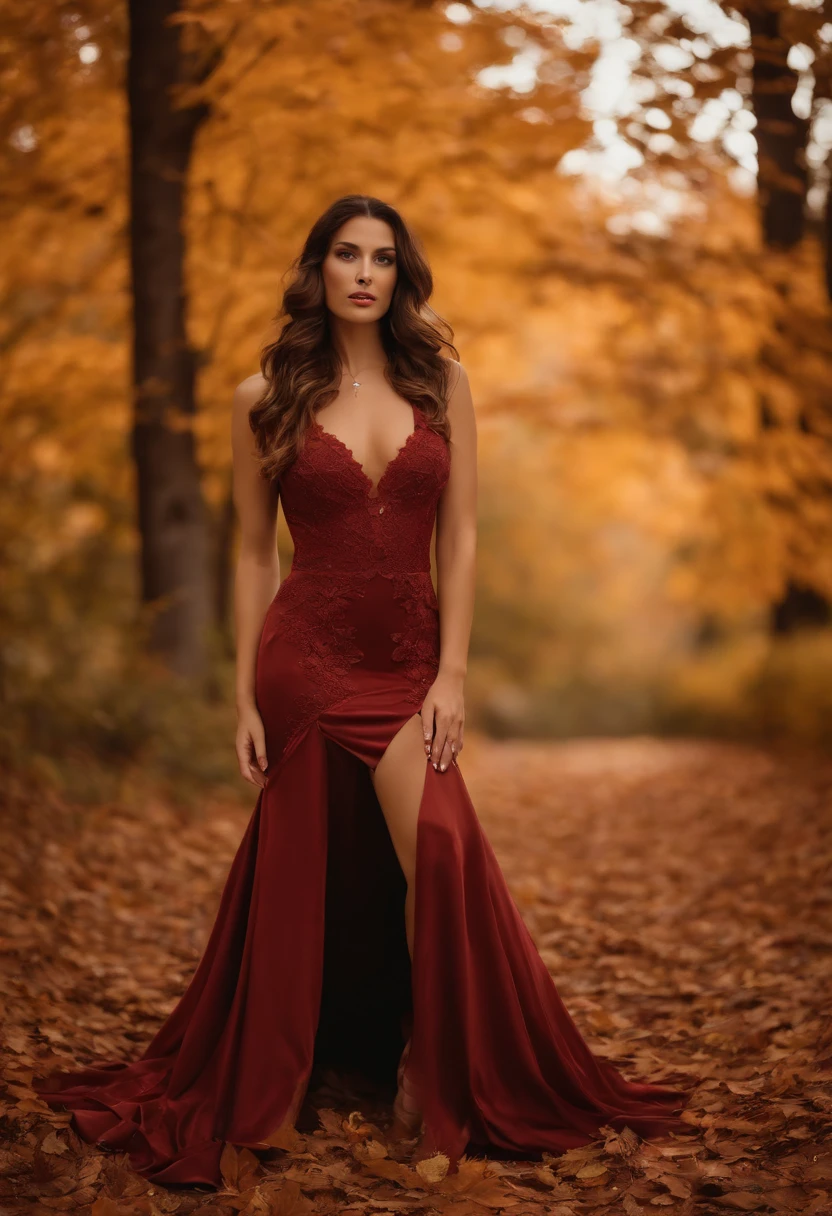 Generate full-body photography of Autumn, the stunning brunette influencer. She should appear in her mid-20s, approximately 5'4" tall, with long, wavy chestnut hair that falls gracefully on her shoulders. She has an athletic hourglass figure accentuated by her full bust. Her complexion should be flawless, with a warm, sun-kissed tan. Autumn's expressive brown eyes should radiate charisma, and she should have a relaxed and confident demeanor.For this dim-lit Halloween-themed scene, Autumn is dressed in a captivating outfit that exudes an alluring charm. She wears a sultry red lace ensemble that accentuates her curves while maintaining an air of sophistication. The outfit includes intricate details, such as lace patterns and sheer fabrics, adding to the allure.Surround Autumn with subtle, dimmed lighting that casts captivating shadows, creating an enchanting atmosphere. Include Halloween-themed elements in the background, like softly glowing pumpkins or candles, to evoke the holiday spirit.Pose Autumn gracefully on all fours, creating an enchanting and sensual image that captures the essence of the dim-lit Halloween scene.Ensure the image is both romantic and alluring, emphasizing Autumn's captivating presence within this captivating setting