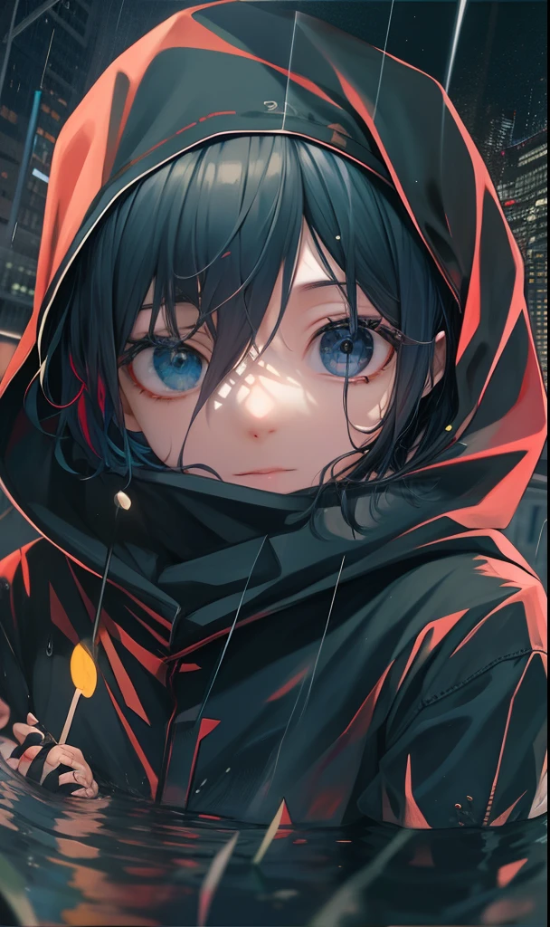 Meses, best quality, Mais detalhes, mastery, 1st grade, kaneki ken, retrato, "SASUKE COM AS GOGOUDAMAS" PODER EM VOLTA DE FOGO ESTILO PODER DO GATO FOTO E AGUA olhos vermelhos, sozinho, franja, Olhando para o Viewer, Hood, short hair, chuva, tokyo tokyo \(cidade\), Hijabi，Esmalte para unhas，cabelo whaite，luxo，8k，O detalhe，Traching de raias，profundidade de campos，cinemac lighting，