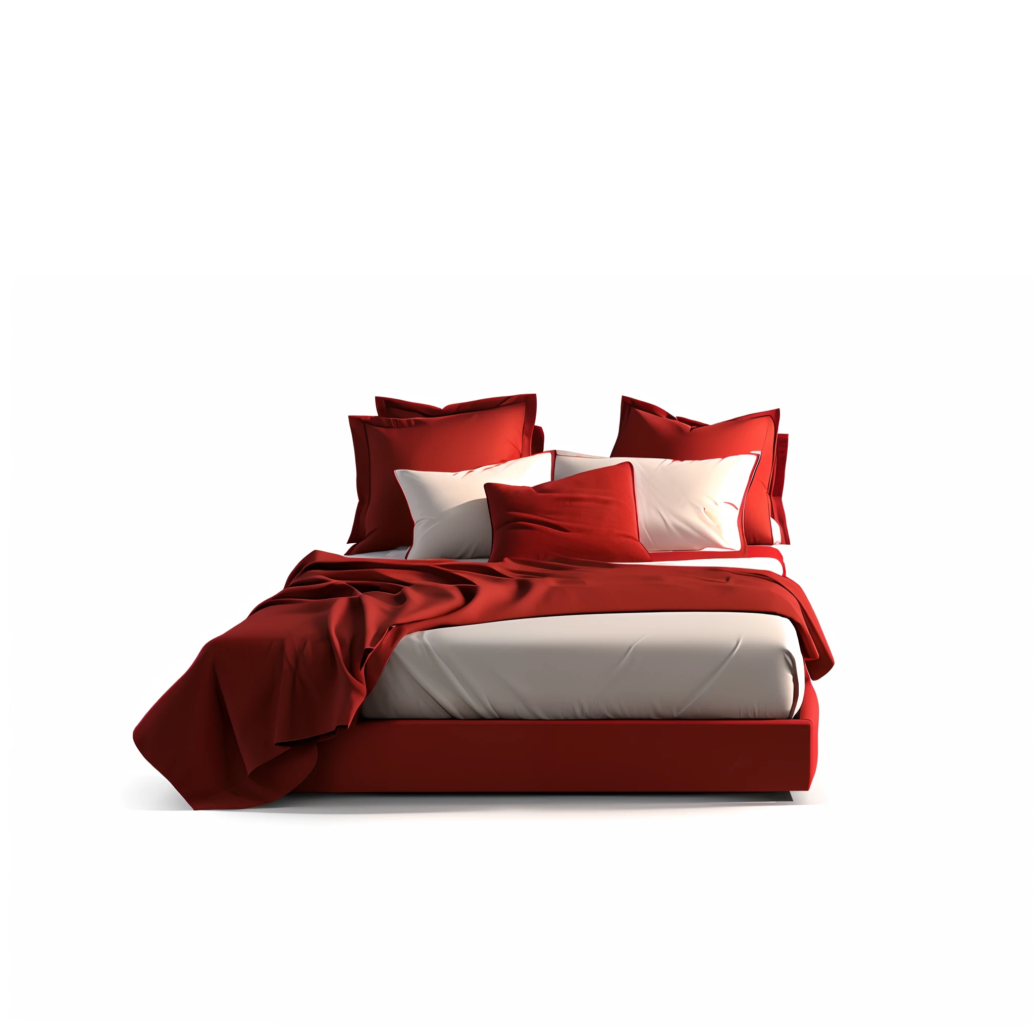 There is a bed with red and white pillows and a red blanket, vermelho realista 3 d render, cama, Uma cama de fato, produto 3d, foto do produto de alta qualidade, luxury hd render, bed is not made, alta qualidade 3d realista, Camas, small bed not made, red offset rendering, tema de cor vermelha, high-quality render, large comfy bed