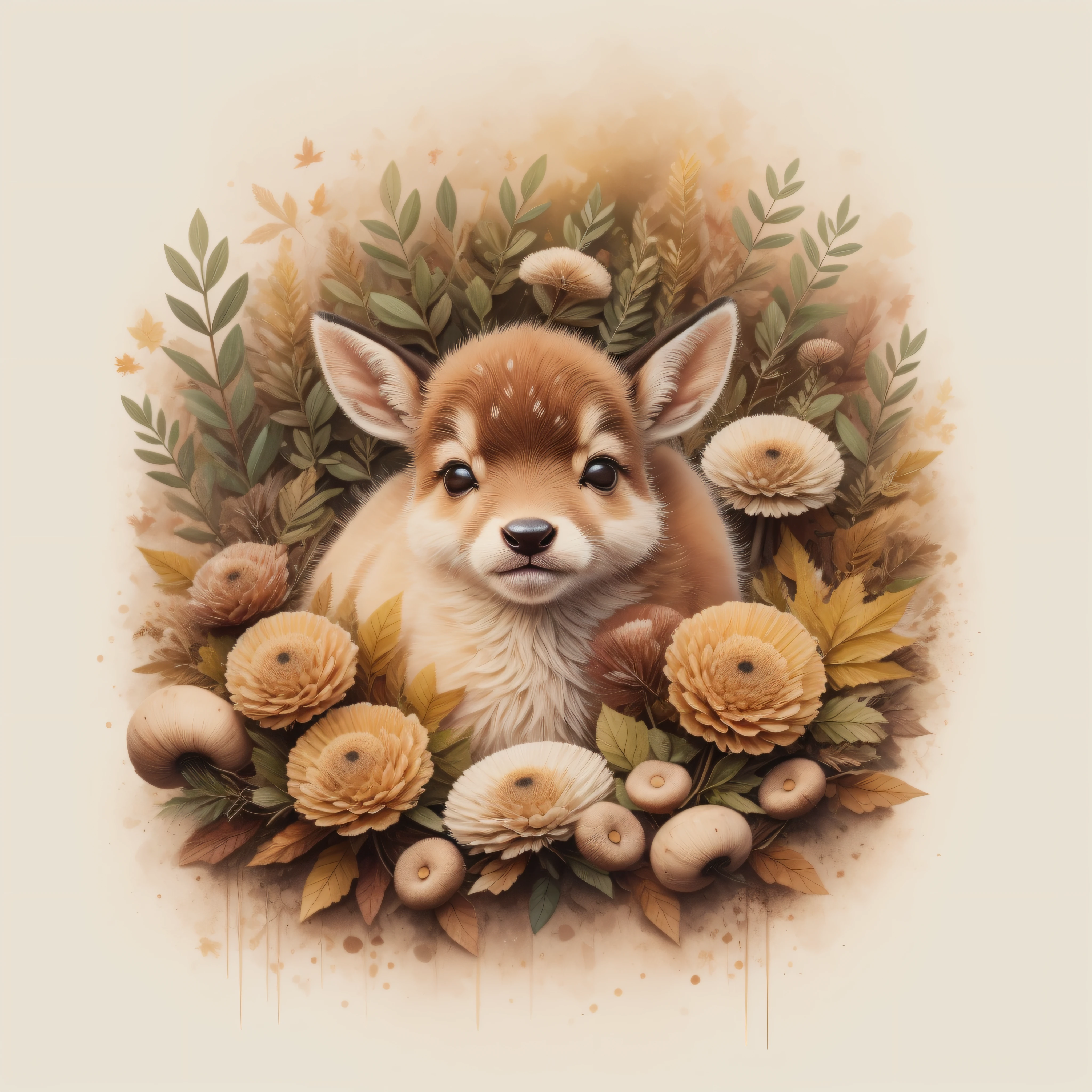 There's a  deer sleeping on a pile of leaves and mushrooms, ciervo caprichoso,ciervo bebe, por Jeka Kemp, Beautiful autumn spirit, autumn, por Andrée Ruellan, por Caroline Chariot-Dayez, ciervo animal, Teniente Zofia Stryjenska, El encantador cierbo bebe, Inspirado en Nicoletta Ceccoli