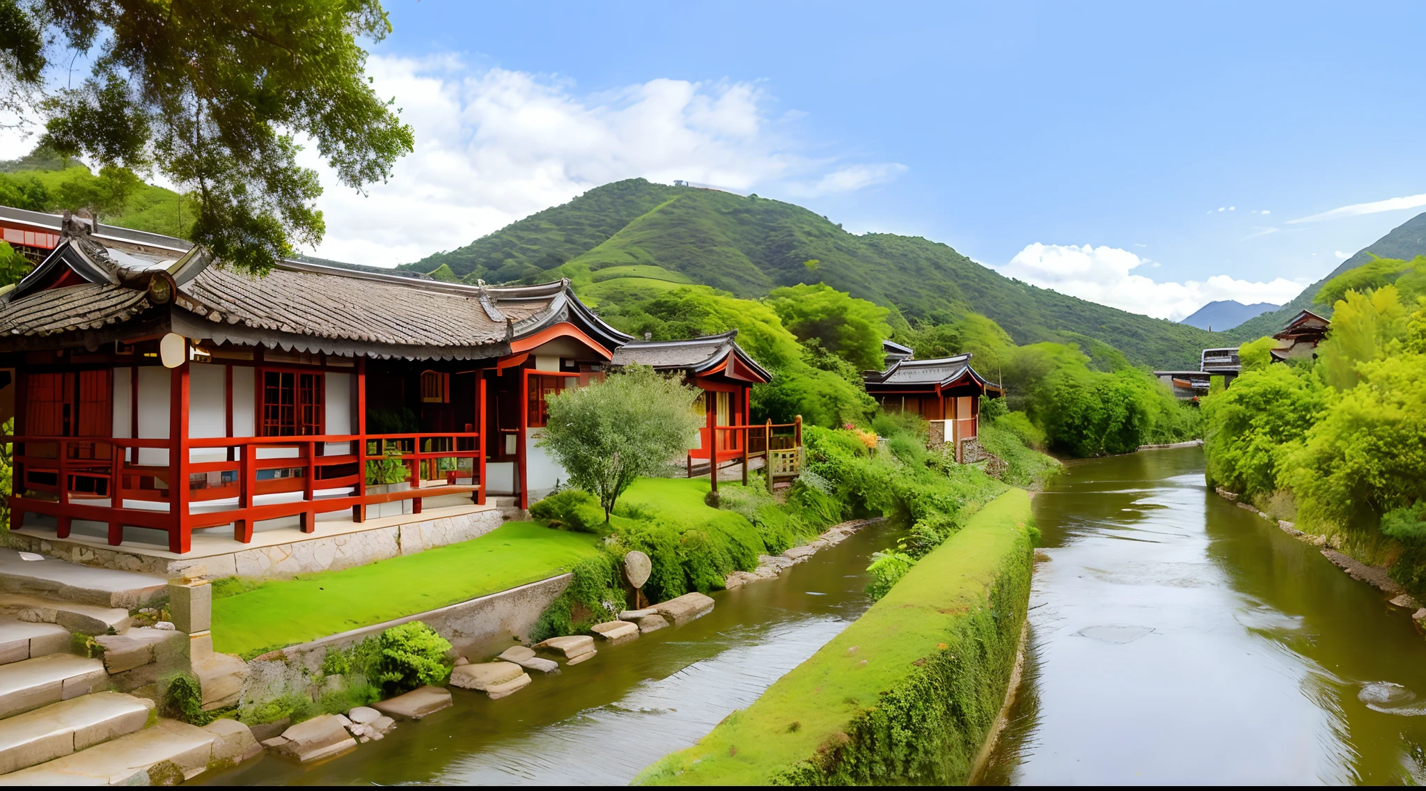 Start with an image of the tranquil village, nestled among lush rolling hills, with a meandering river in the background. The setting should evoke a sense of serenity.