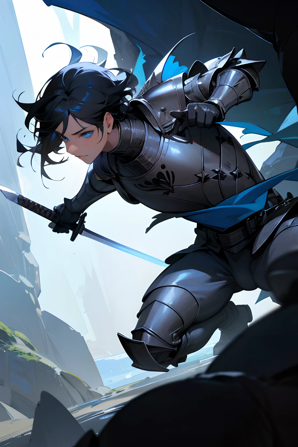 NSFW, Superior image resolution quality A very effeminate boy in knight armor 4k wallpaper of blue-eyed black hair holding a sword in his hand in a cave full of monsters ultra realistic