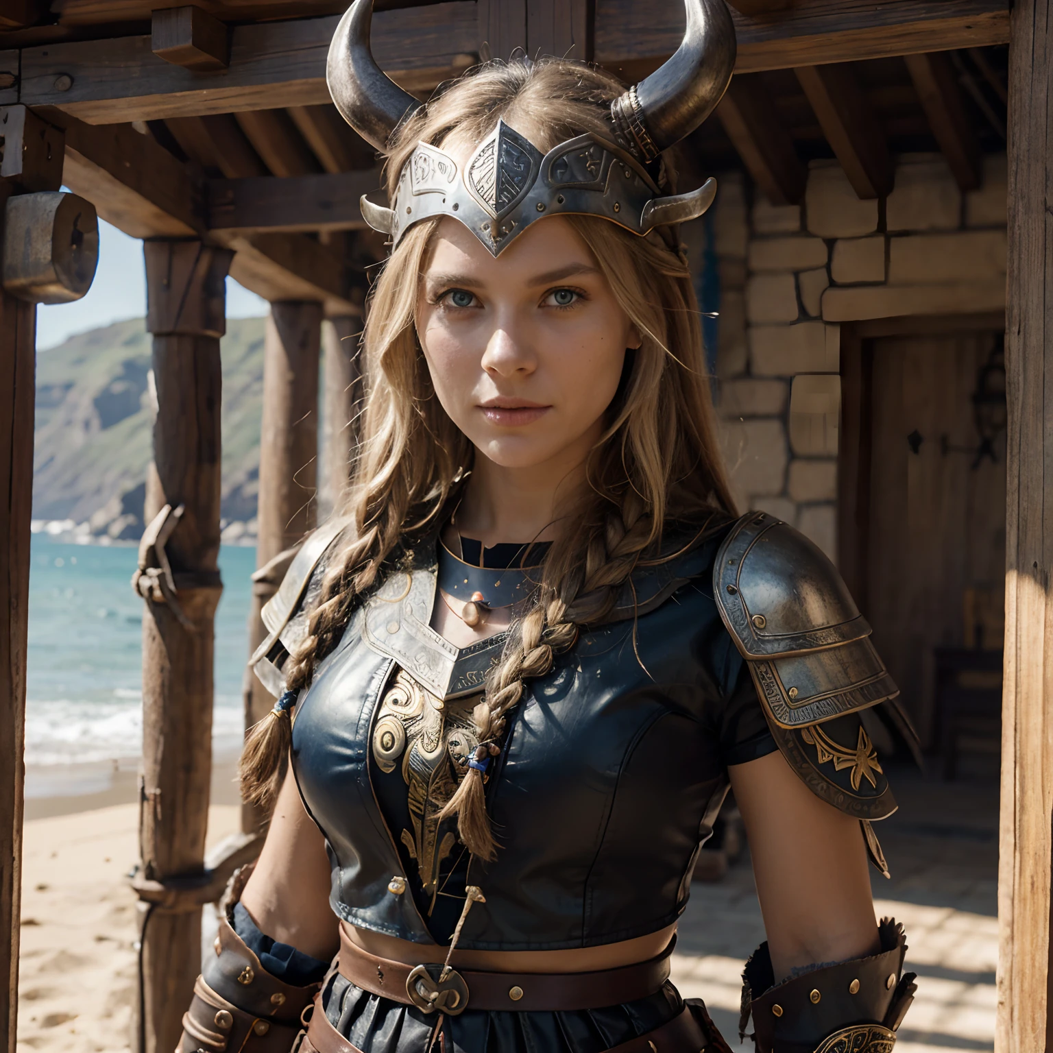 Physical description:
Freya is a Viking woman of medium height, com cerca de 1,70 metros de altura. She has long braided blonde hair, which are often adorned with colorful ribbons and intertwined with pearls and small amulets. Her blue eyes are piercing and express determination. Their skin is robust and tanned due to years of exposure to the sun and sea.
Vestimenta:
She wears sturdy buffalo leather armor, decorada com runas e motivos vikings. His iron helmet has horns and protects his head from enemy blows. Freya carrega um grande escudo de madeira coberto com metal, Also ornamented with carvings. Em sua cintura, She carries a sharp steel longsword and a war hatchet.