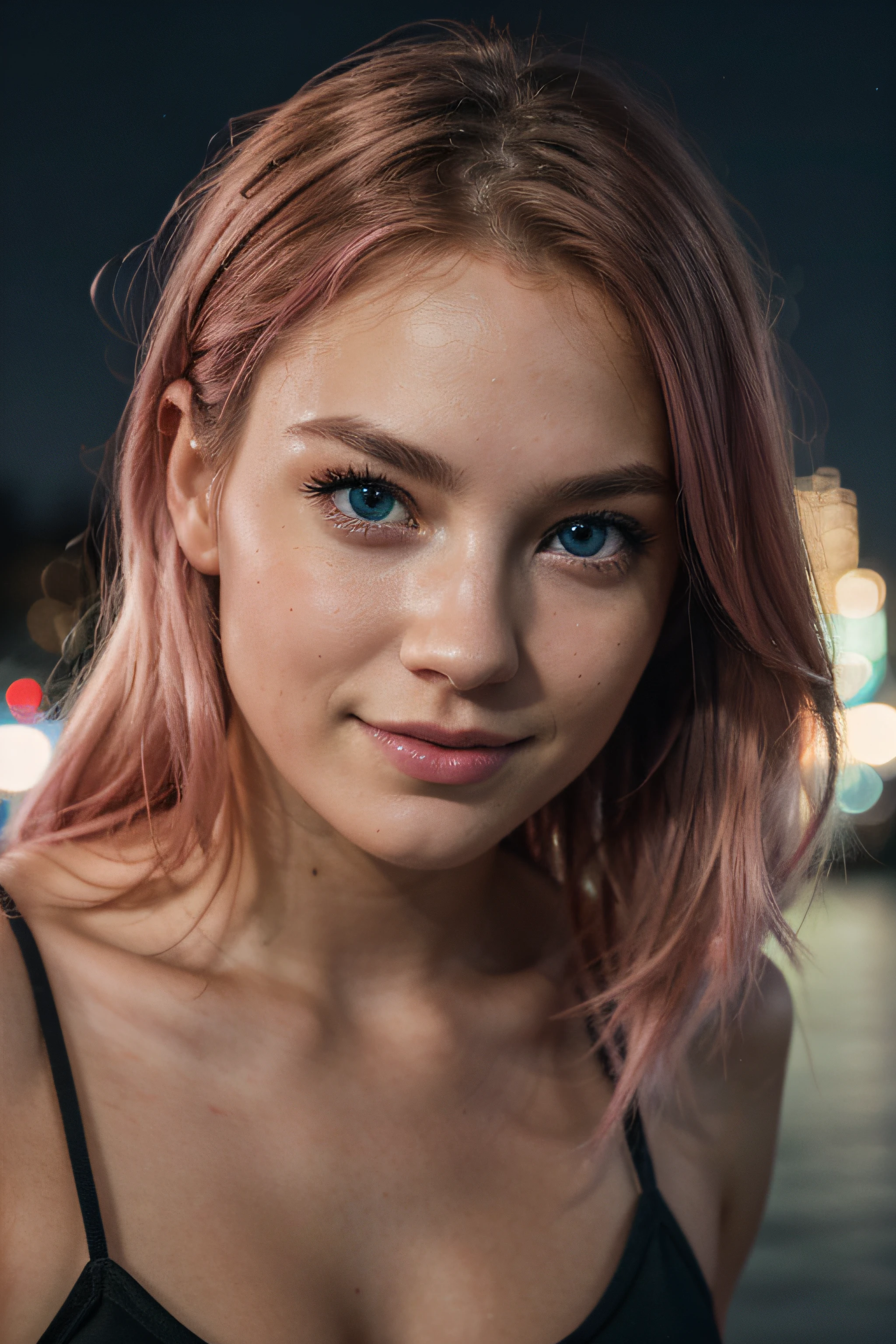 create photographs of a young girl, (23years old), Scandinavian appearance, A hyper-realistic, Professional camera, night photo, Focus on the perfect face,, athletic physique, high cheekbones, flawless complexion, expressive hazel eyes, plush lips, chiseled jawline, pink hair, one dark green eye and one bright blue eye, detailed face, posing, looking at a camera and smiling, extremely detailed CG unified 8k