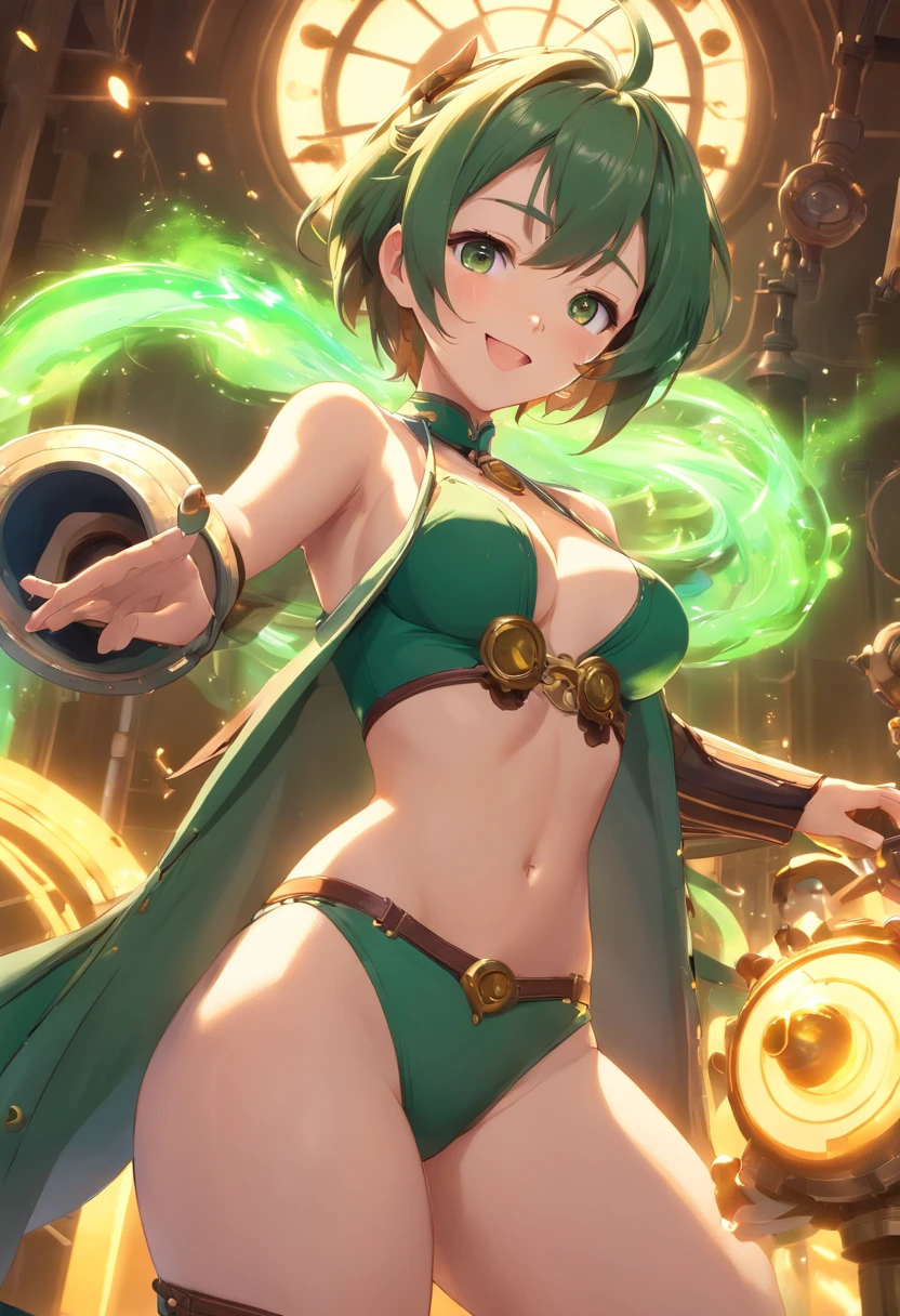 (((NSFW))), Stunning Magica Fantasy Full Body Portrait of Steampunk Woman in Dark Green Underwear, Plummeting neckline emphasizing feminine features, small ears, Brown hair, Smiling happily, Dynamic Pose, Ticker, Fantasy, Extreme Detail, 4Kde, Ultra HD, Trending on ArtStation, Polished, Radiant, Vibrant, Backlight, 8Kdende UltraHD, Unreal Engine 5 Potions, Intricately detailed, 3D is fine