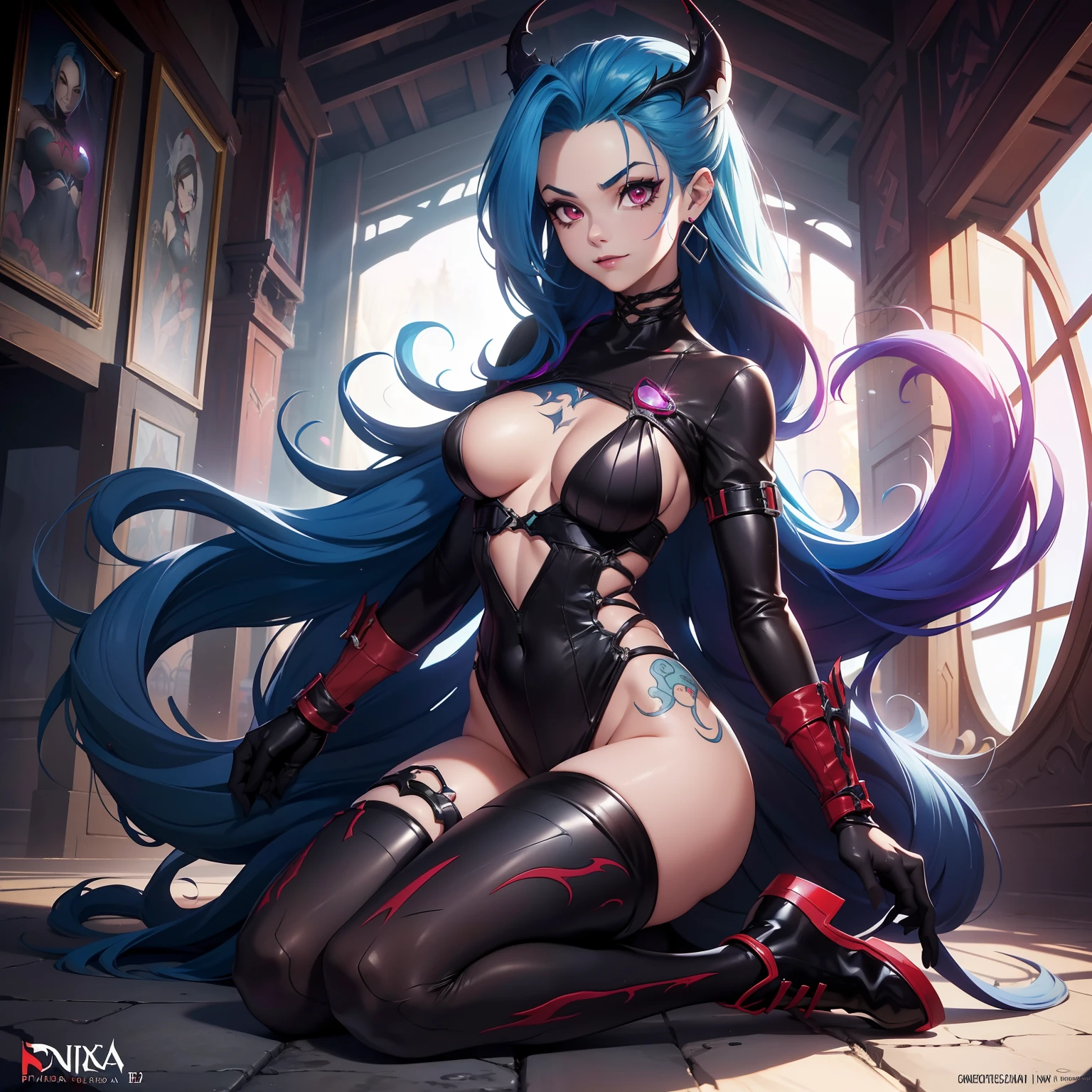 [jinx liga das lendas], jinx lol, ((" COM ROUPA DE HOMEM ARANHA PRETA E VERMELHA ESTILO VENOM")) simbiose totalobra prima, (melhor qualidade: 1.2), (alta resolução), (qualidade superior), (8k, 4k, intrincada), (full-body),