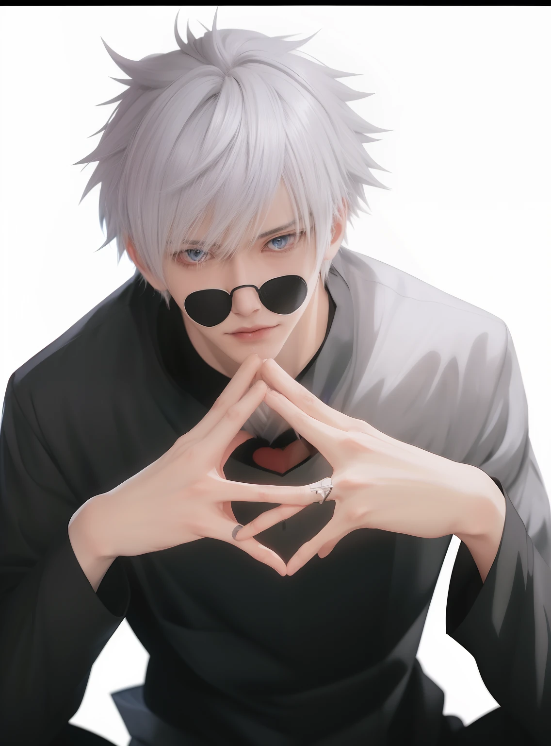 anime guy with white hair and glasses making a heart with his hands, ken kaneki, kaneki ken, kaworu nagisa, with index finger, a silver haired mad, tall anime guy with blue eyes, killua zoldyck black hair, handsome anime pose, he wears an eyepatch, yoko taro, detailed anime character art