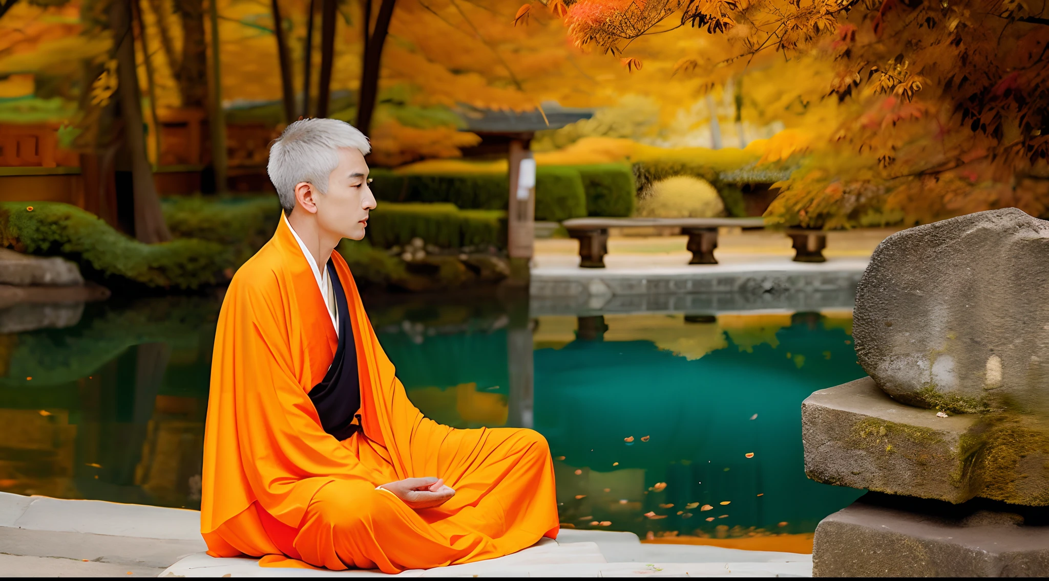 the wise Zen Master, wearing orange-yellow perhaps in a traditional robe, sitting in a serene spot, exuding an air of wisdom and compassion.