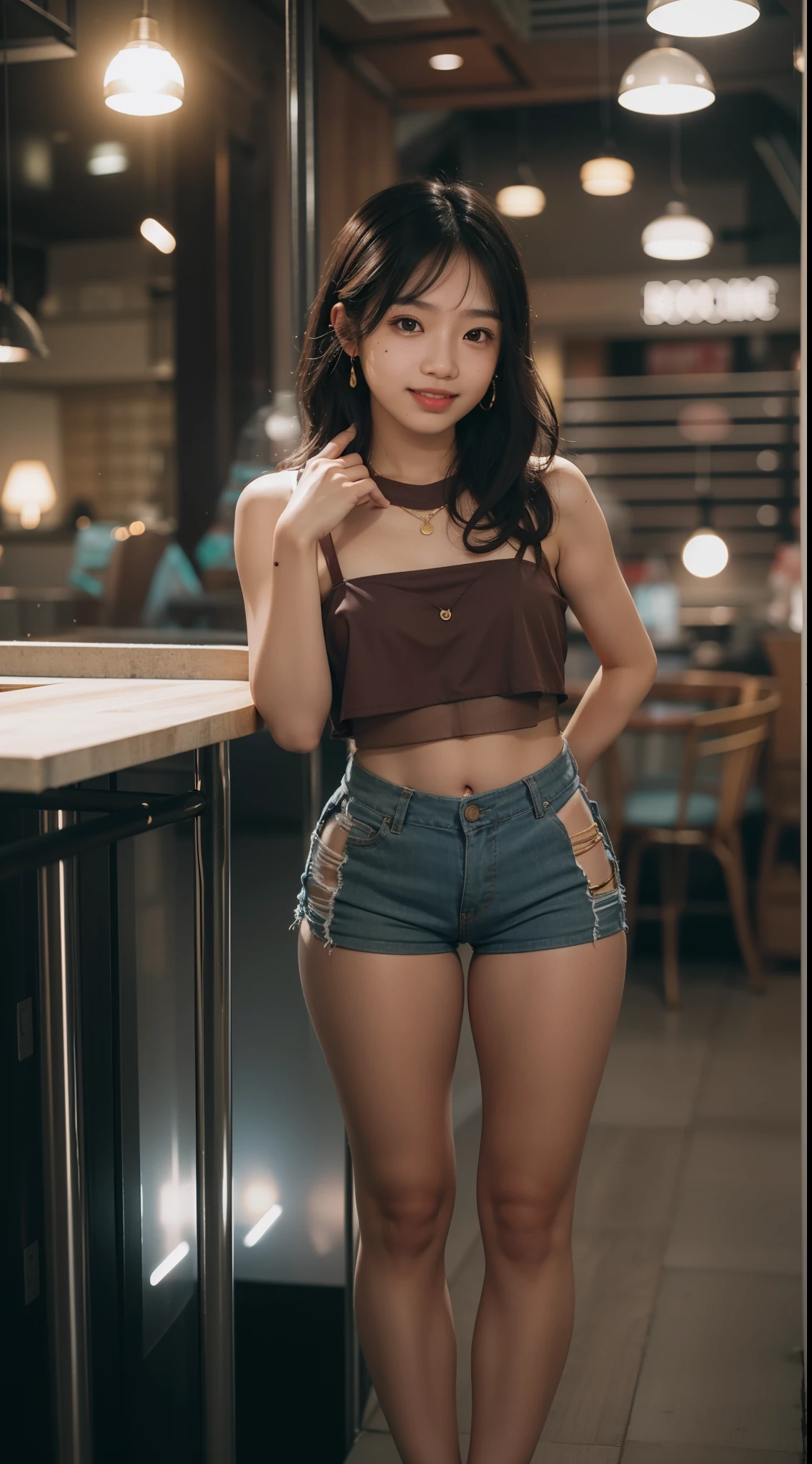 Young Malay girl standing and pose in hipster cafe, happy, smiling, nighttime, wearing turquoise polka dot beginners bra and pleated short skirt, white high sneakers,  professional lighting, ray lighting, blur background, cool ambient, calm ambient, bokeh, small breast, flat chest, small waist, small head, short petite body, wide hips, thick thighs, curved back, round small ass, sexy pose, bright lighting, mole below eyes, skin spots, acnes, skin blemishes, age spot, detail skin texture, skin detail, skin wrinkle detail, dark brown skin, gold necklace, high quality, ultra detail face,