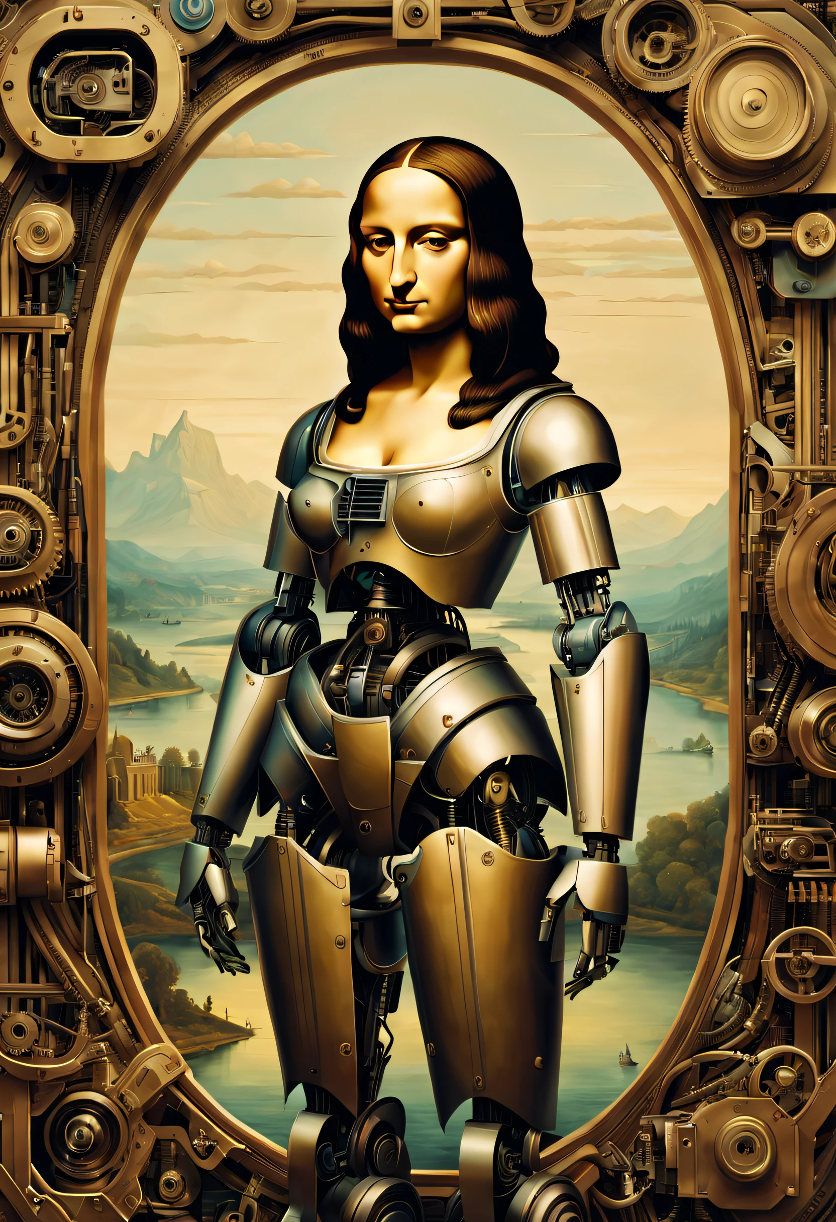 Complex illustrations in surrealist art style,Mona Lisa in mecha,