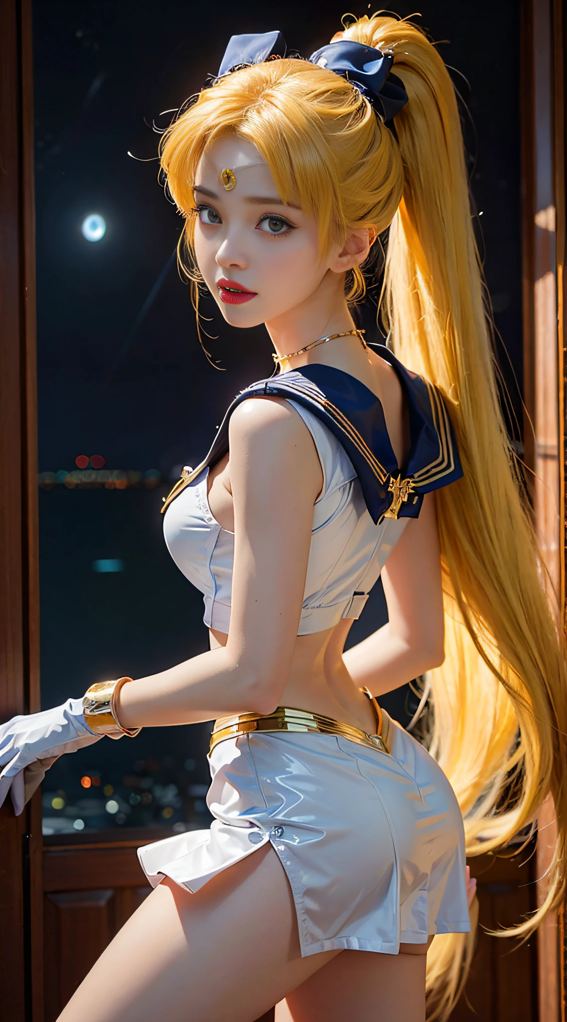 ((​masterpiece:1.4)、(top-quality:1.4)、(reallistic:1.7))、masuter piece:1.4、a beauty girl、(Sailor Moon:1.4)、Tsukino Usagi、Body Fit ???? Sailor Senshi Uniform、(latex shiny)、(The jacket is a white sleeveless sailor suit)、(Skirt is blue ???? ultra ultra mini skirt)、The collar of the sailor suit is blue with two thin lines.、high leg swimsuit、Red cloth ornament at ?????、(Wearing white gloves)、Kawaii Girl、Super beauty、foco nítido、Portrait photos、Upper body photography:1.4、beautiful countenance、beautidful eyes、Narrow waist、beauty legs、(yellow  hair:1.4)、(length hair:1.2)、Beautiful udder、large full ???????:1.2、???? ???、Raw photo、red-lips、Red high heels:1.4、a choker:1.4、a necklace:1.4、耳?????? Ring:1.4、Luxurious Golden Tiara:1.4、1 screen display、a moon、kosmos、spaceships、A space station、City of the Future