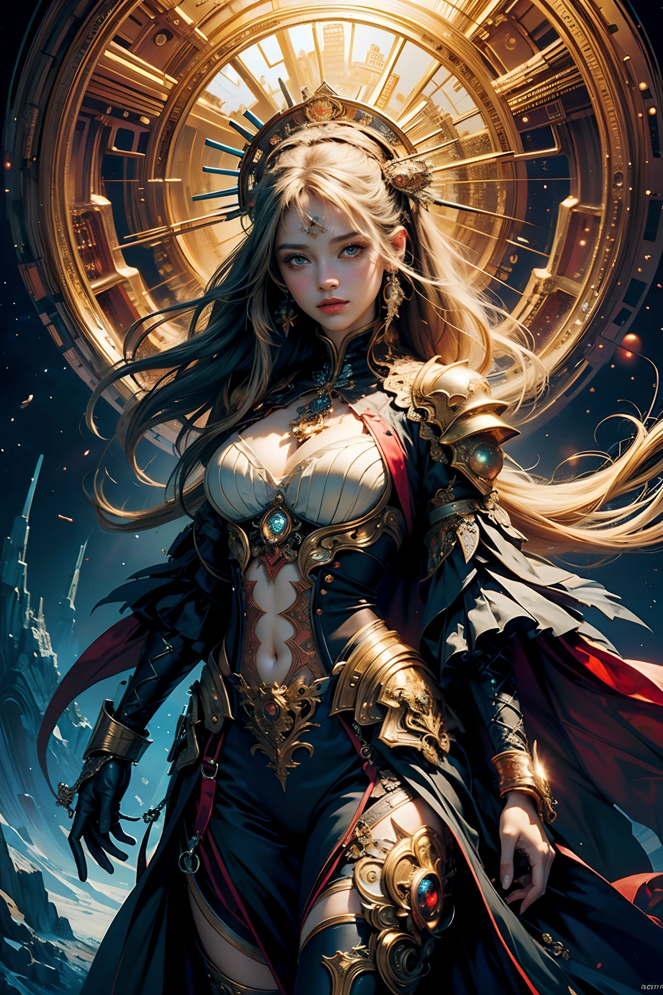 ((masterpiece, 8k, ultra quality, full shot body, official art, beautiful and aesthetic:1.2, red theme), (1girl), (entire figure), (big breasts), golden armor, intricated detailed, NSFW, (fractal art:1.3), cosmic elements, colorful, highest detailed, (green eyes, long wavy hair, blonde hair)