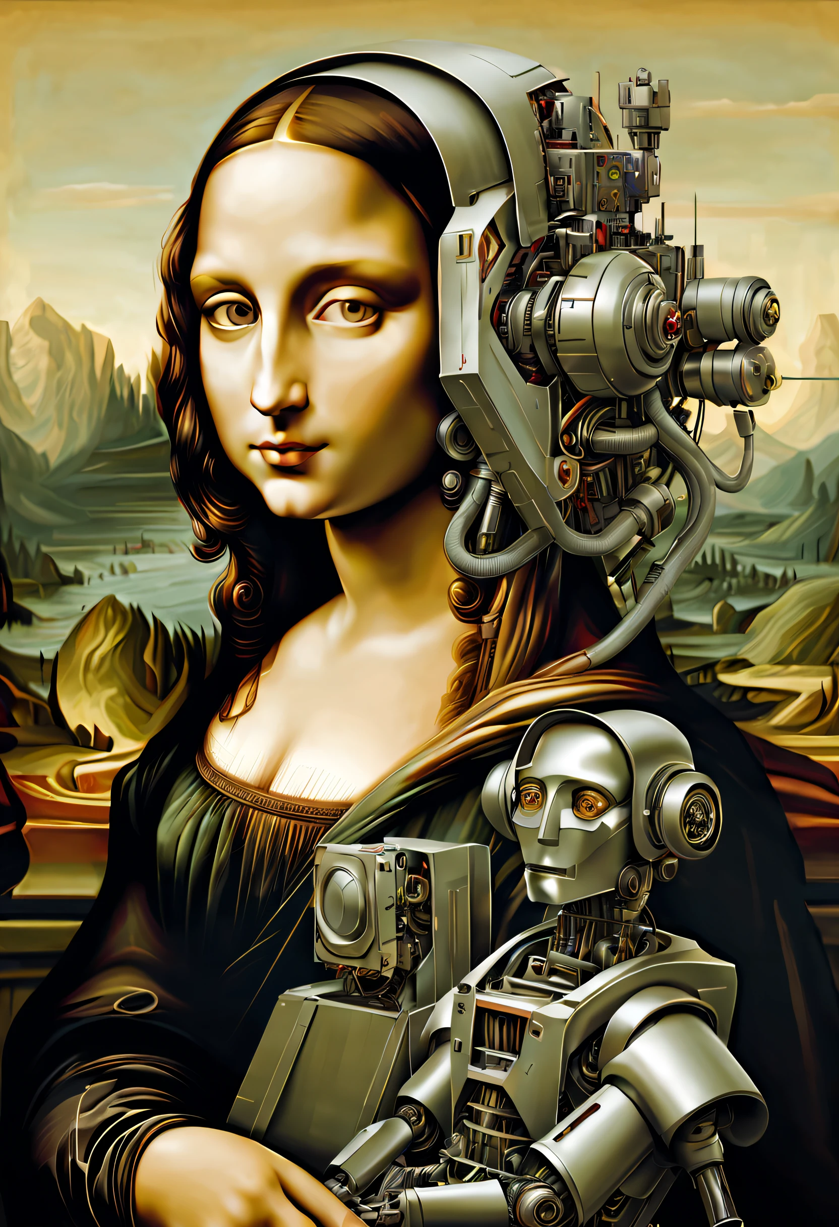 Complex illustrations in surrealist art style,Mona Lisa in mecha,