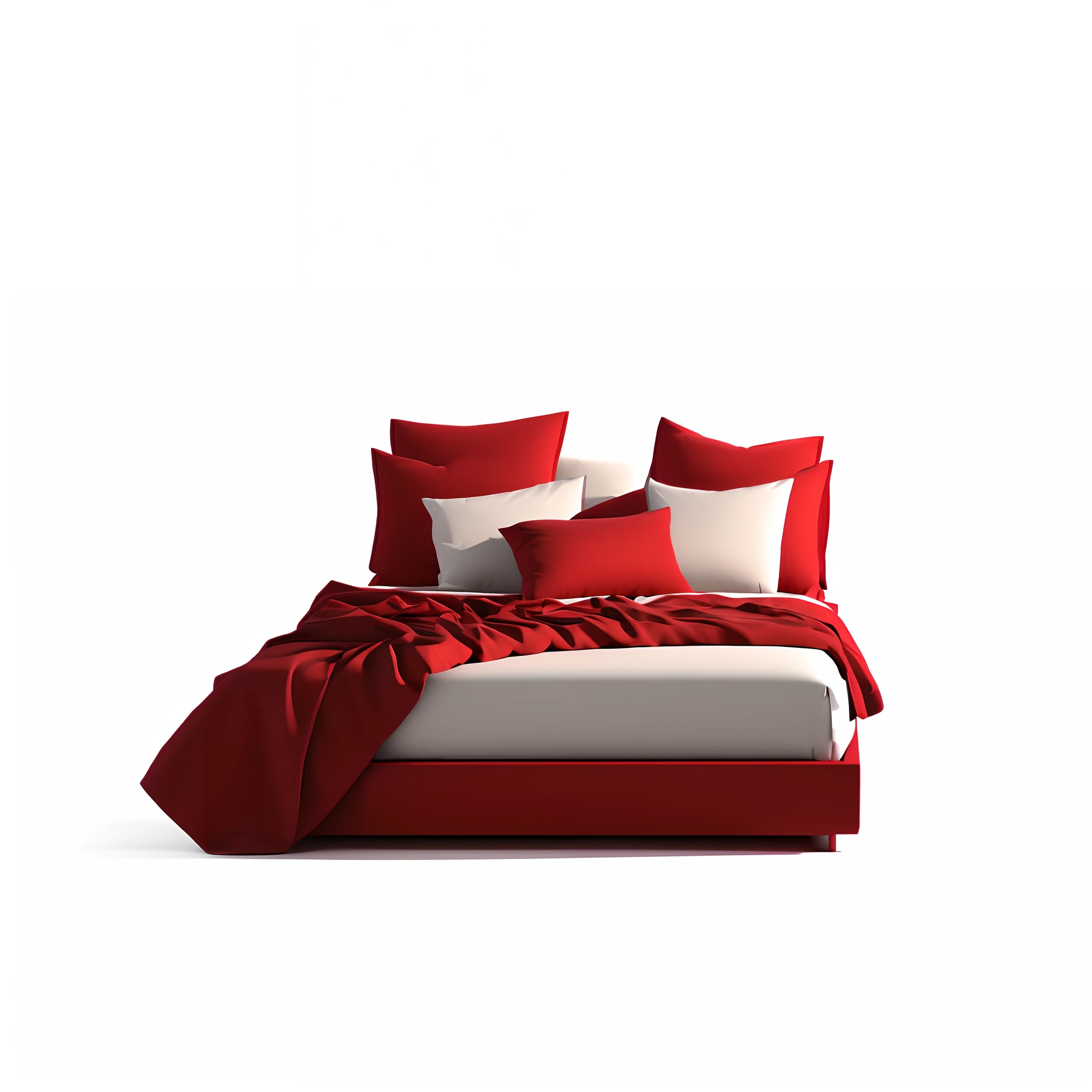 There is a bed with red and white pillows and a red blanket, vermelho realista 3 d render, cama, Uma cama de fato, produto 3d, foto do produto de alta qualidade, luxury hd render, bed is not made, alta qualidade 3d realista, Camas, small bed not made, red offset rendering, tema de cor vermelha, high-quality render, large comfy bed