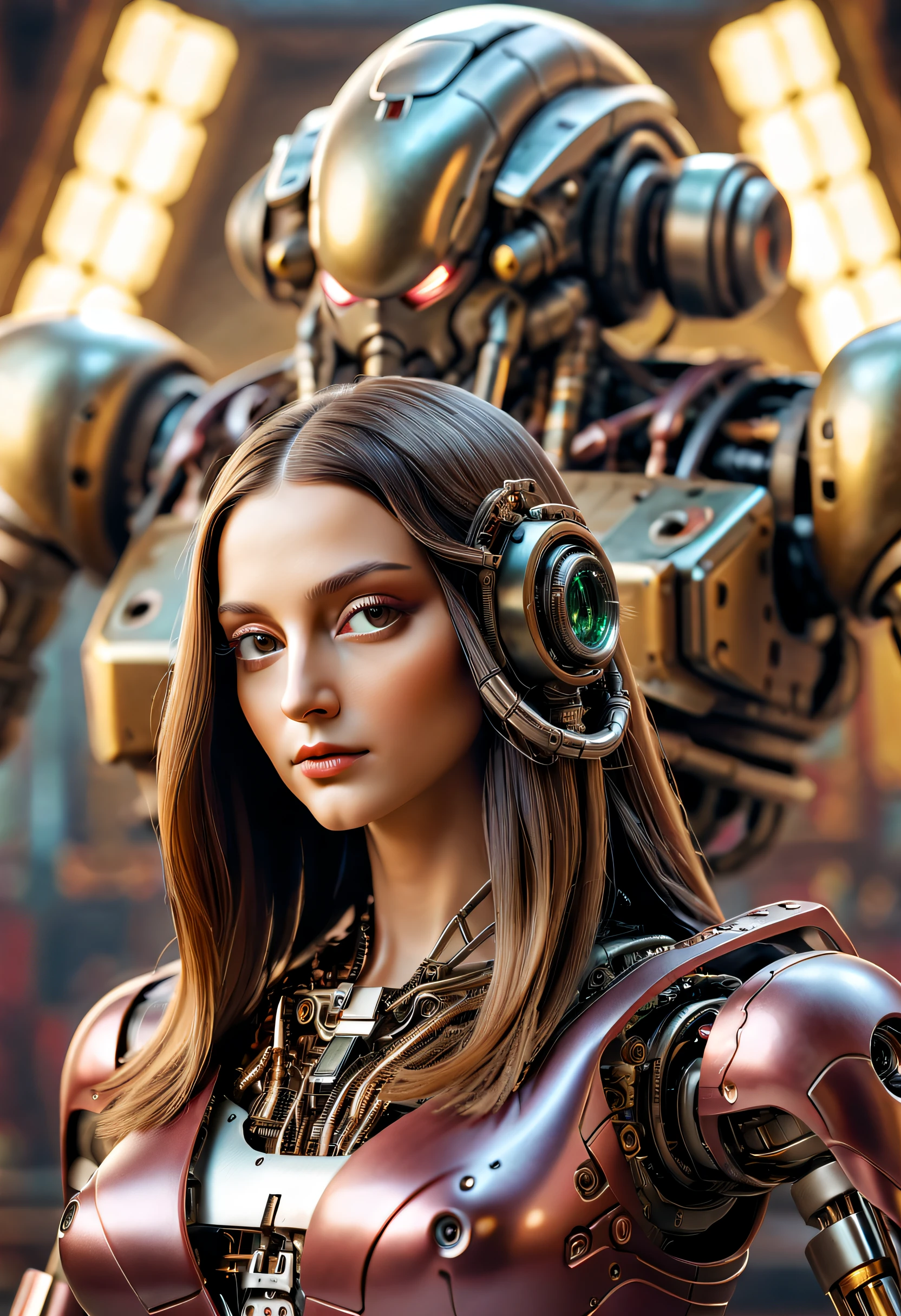 （（tmasterpiece，best qualtiy）），Beautiful 8K Ultra HD professional photos, Sharp focus, Complex illustrations in surrealist art style，Mona Lisa wearing mecha and large mechanical robot structure