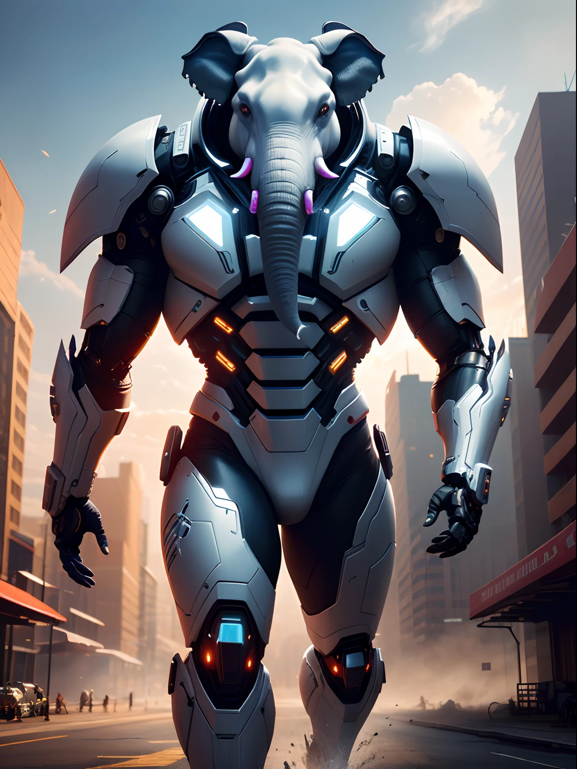 Dark_Fantasy,Cyberpunk, (Best Quality, Masterpiece),White,1Person,Mechanical Miracle,Robotic real elephant Presence,Cybernetic Guardian,Wearing a Cybernetic Jacket, Futuristic from Marvel, (Cyborg), elephant, City, Highest Quality Digital Art, Stunning Art, 4k Wallpapers, High Detailed, Warzone, Black & White, Highest Quality Digital Art, Stunning Art, 4k,8k,64k, HD Wallpapers, Unbeatable Masterpiece, dynamic lighting, cinematic, epic, damaged mechanical parts