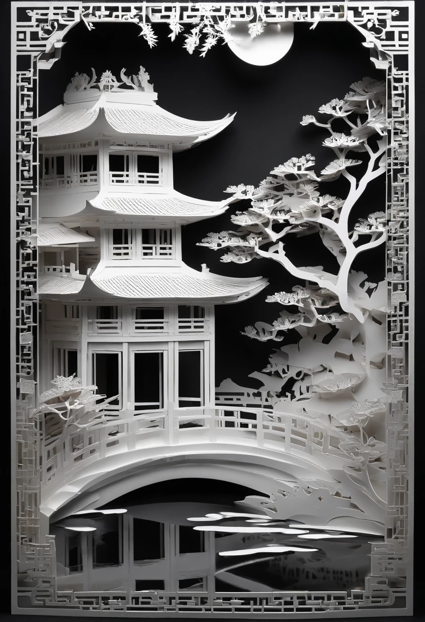 Masterpiece, Traditional Chinese-style houses,beautiful render of a fairytale, in the style of paper art, painting of beautiful, Beautiful, Like the Moon, A very complex masterpiece, Beautiful and intricate masterpiece of white color on black background, Layering, mysterious, lock