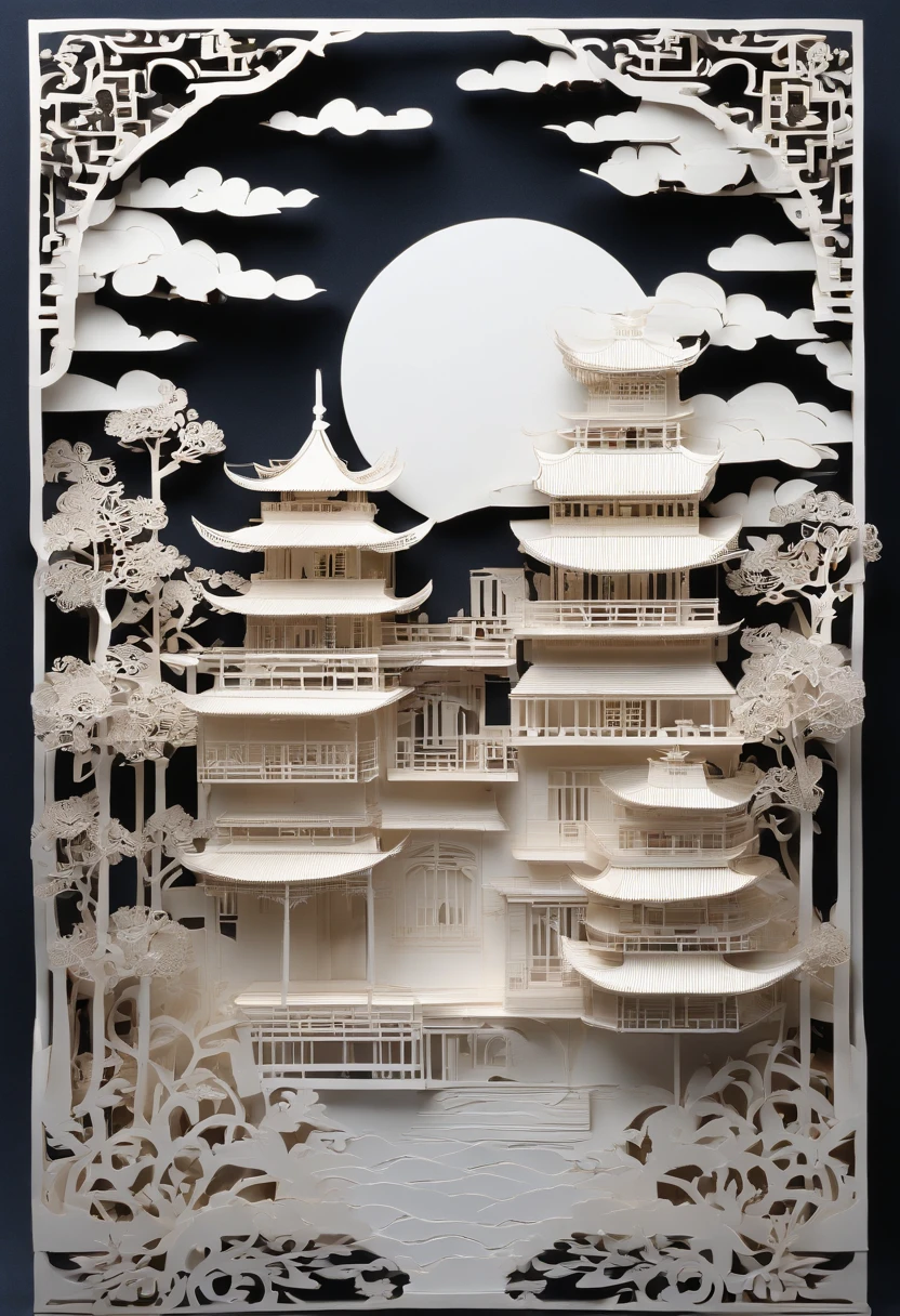 Masterpiece, Traditional Chinese-style houses，beautiful render of a fairytale, in the style of paper art, painting of beautiful, Beautiful, Like the Moon, A very complex masterpiece, Beautiful and intricate masterpiece of white color on black background, Layering, mysterious, lock