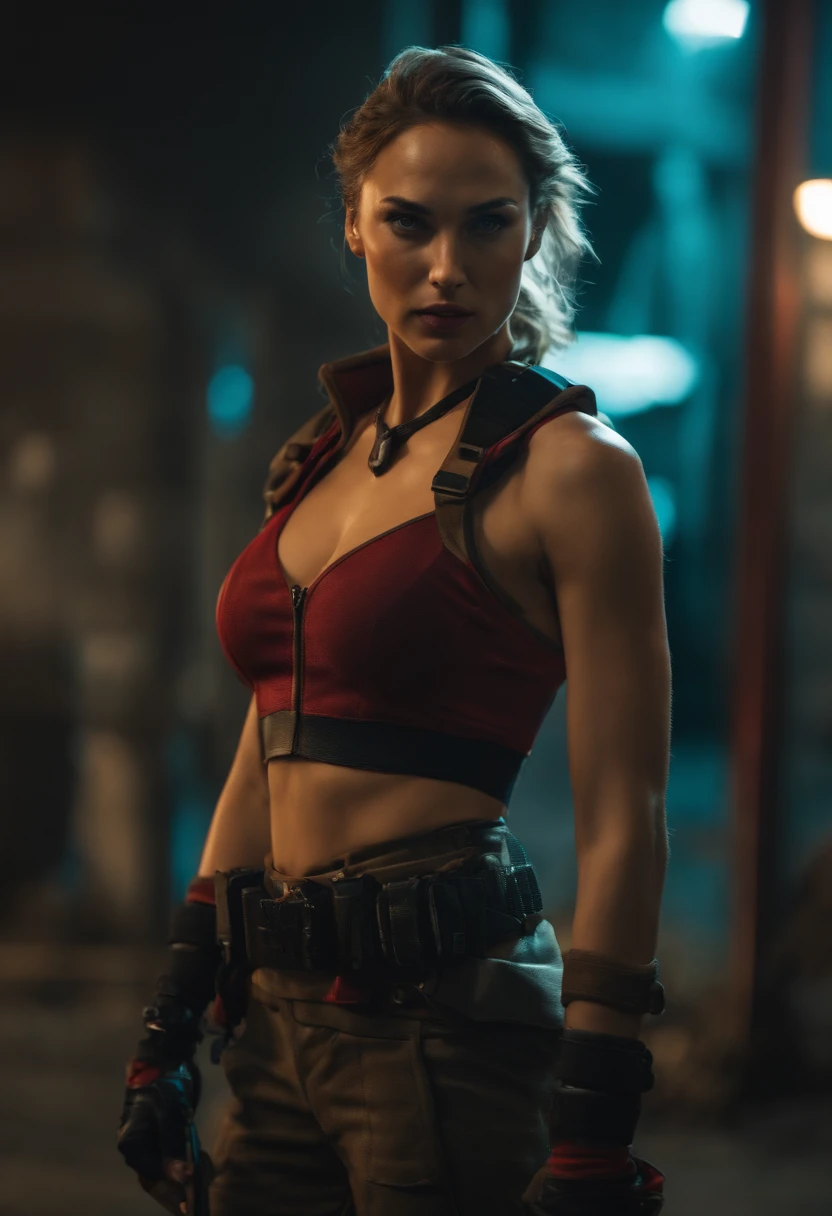 A 20 years old Gal Gadot as a Cammy of Street Fighter cosplay, Apocalyptical Cyberpunk scenario, full body shot,8k, realistic, cinematic,Ultra HD, full hd, High Quality