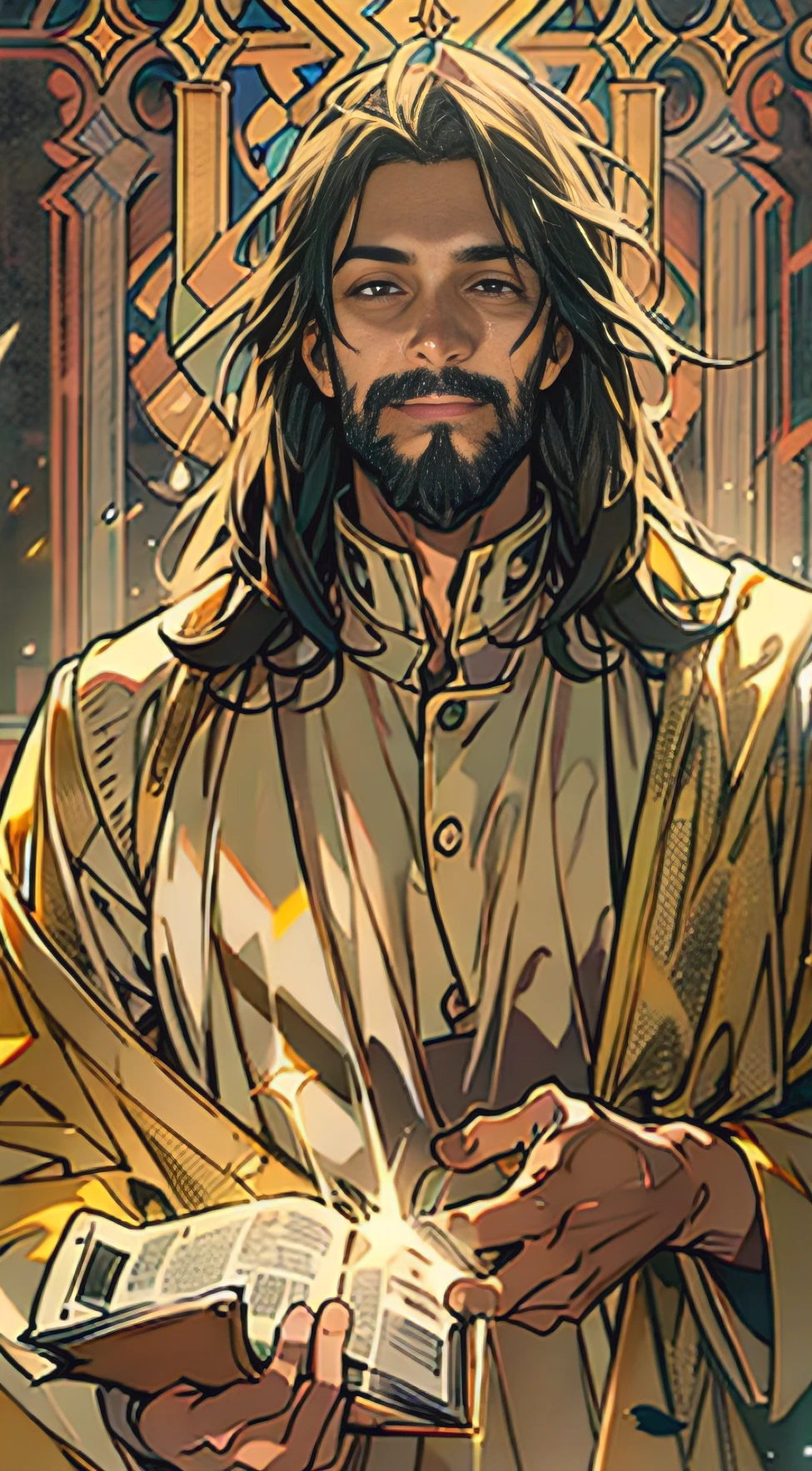 (Jesus Christ), (holding a bible in right hand), (holding guitar in left hand), , halo, Frontal photo,Light smile, neo-classical, OP Art, Chiaroscuro, Cinematic lighting, god light, Ray tracing, character sheets, projected inset, first person perspective, hyper HD, Masterpiece, ccurate, Textured skin, Super detail, High details, High quality, Award-Awarded, Best quality, A high resolution, 8K