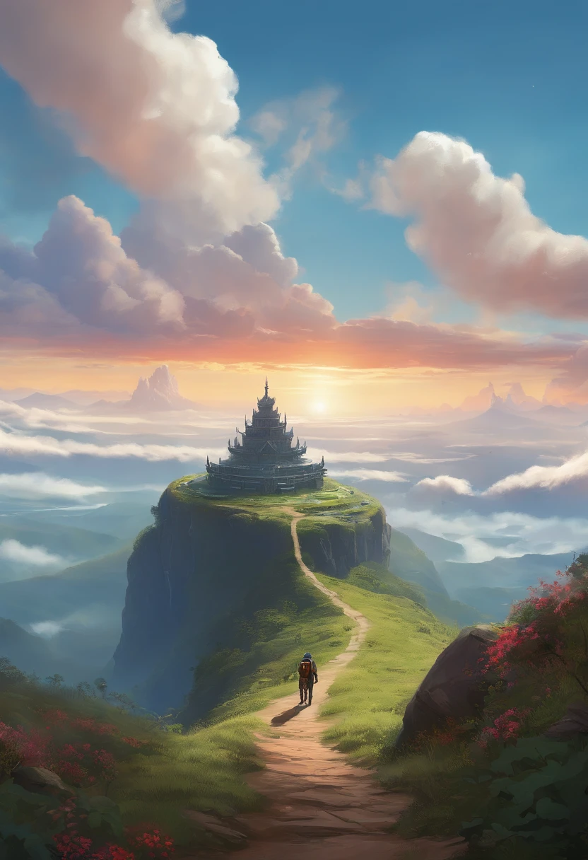 the hidden path across the sky, mountain enviroment, high, gigantic temple in the far distance, HIGH ABOVE THE CLOUDS, overgrown cliffs, anime concept art, studio ghibli, lofi style, concept art, detailed, mysterious, blue skies, wandering nomand, epic clouds, clean, epic size , high quality, detailed, 4k, a scifi nomad walking towards a mysterious, the day before you came, I was broken from a young age Taking my sulking to the masses Writing my poems for the few. NO MANS SKY style, no mans sky, beau lamb, NMS --ar 2:3