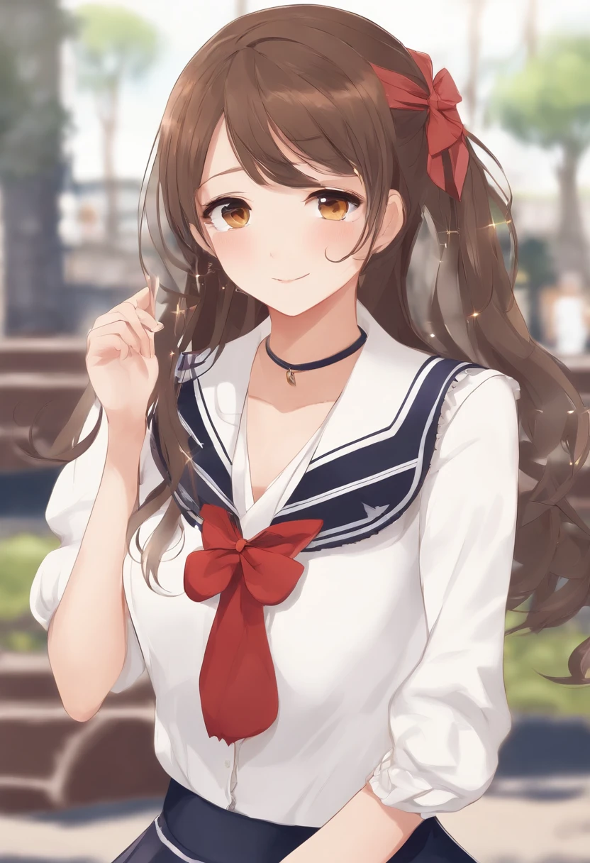Ichige style, 1girl in, Solo, Brown hair, heart mark, Hair Ornament, School uniform, Side Ponytail, Smile, Looking at Viewer, neckerchief, Upper body, Heart Hair Ornament, Cardigan, Sailor collar, serafuku, black sailor collar, Bangs, Yellow eyes, Closed mouth, Long hair, Brown eyes, Purple Neckerchief, striped background, 鎖骨, Striped, polka dot, Star (symbol)