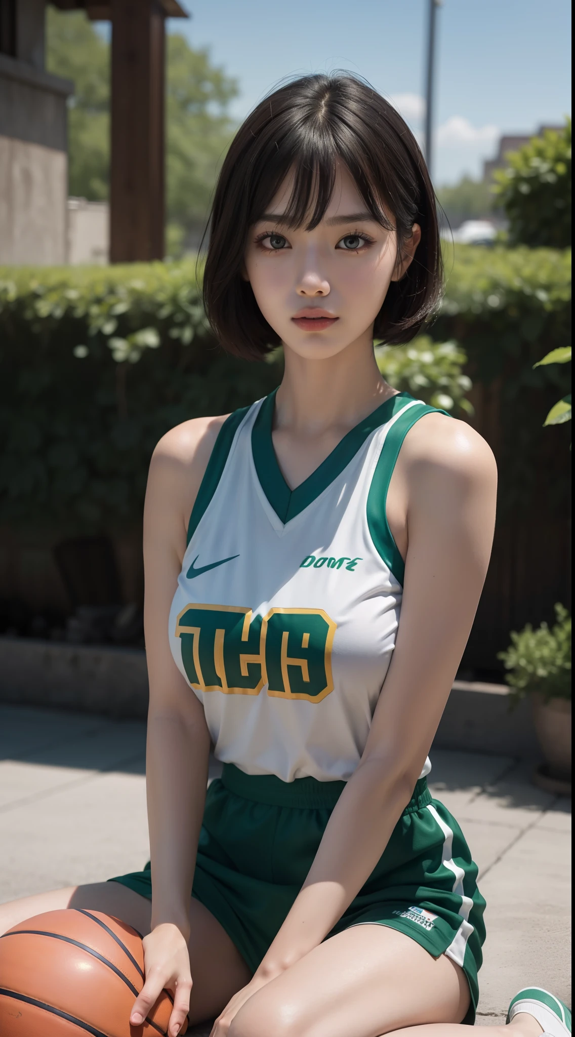A woman in a green basketball suit, tall, perfect figure, double eyelids, fair skin