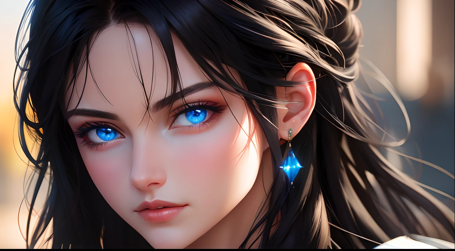 black hair, blue eyes, Hyperrealism, blurry foreground, projected inset, backlighting, 8k, super detail