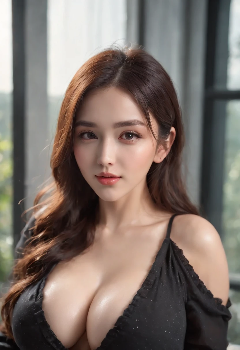 (Best quality, 8k, 32k, Masterpiece, UHD:1.3),Photo of glamorous brunette woman, 1girl, ((Huge breasts :1.5)), (abs, slender figure, perfect body :1.2), medium-short hair: 1.1, (wet black erotic dress: 1.1), (indoor, night :1.2), lay down on bed, ultra-detailed face, detailed lips, detailed eyes, double eyelid blue eyes, ultratrsnpaent clothing, long wavy wet hair, wet face, sunlight falling from behind, taking selfie, with one hand, giving cute vibes, laughing , blushing, full body photo, untrarealistic face, long sexy hair falling from one end of face