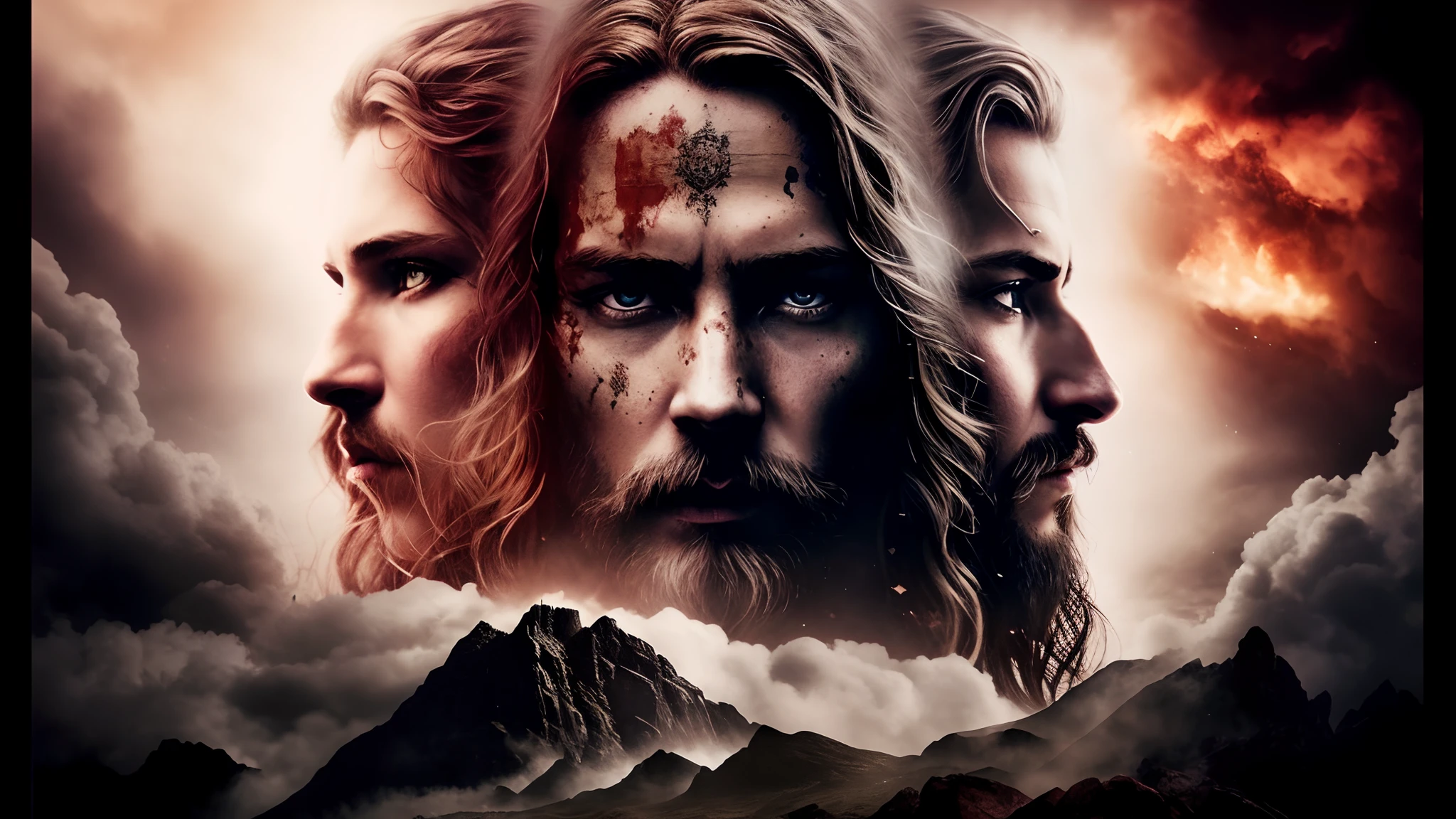 um close up de um cartaz de filme com um homem e uma mulher, curar, dramatic artwork, innblásin af Þórarinn B. Thorlaksson, VIQUINGUES, Programa de TV, arte chave, Retrato pintado de Odin acidentado, Directed by: Adam Marczyński, dramatic art, viking heaven, Directed by: Adam St. Peter's, arte oficial