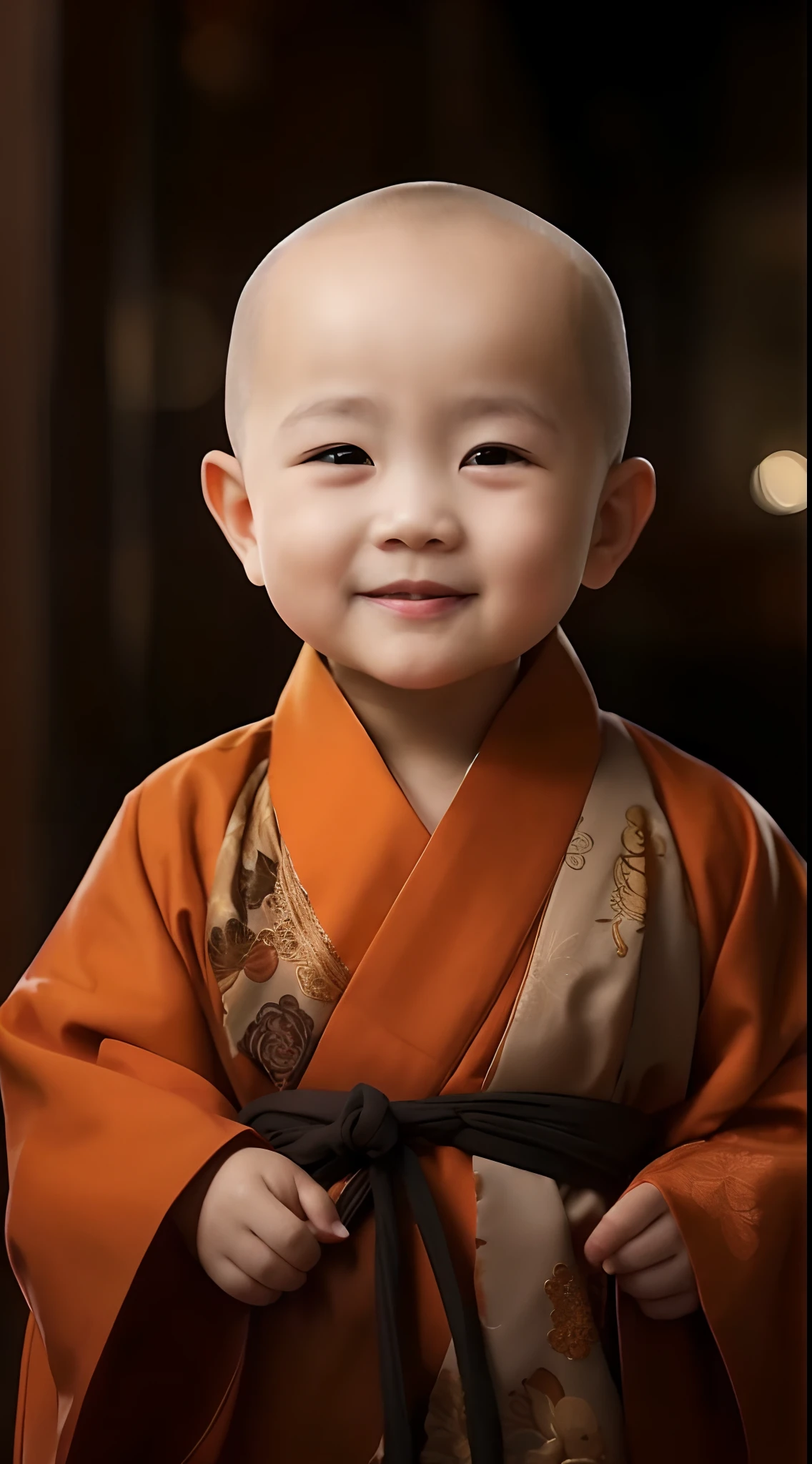 Close-up of a bald child in a robe, lovely digital painting, monk clothes, high quality portrait, buddhist monk, portrait of monk, Buddhist, monk, wearing brown robes, Portrait shooting, cute portrait, 2 1 st century monk, dressed in simple robes, Cute boy, Innocent smile, Chinese traditional, Yan, wearing a long flowing robe，A  monk and a toddlehad his hands folded，sit with legs crossed，Orange monk's robe，Perfect facial features，face to the viewer，with black background，A six-yeard Che monCute baby,big laugy fat, Particularly rounad, bald-headed, Big eyes, White robes, Meditating, Smiling, facing up，ssmile