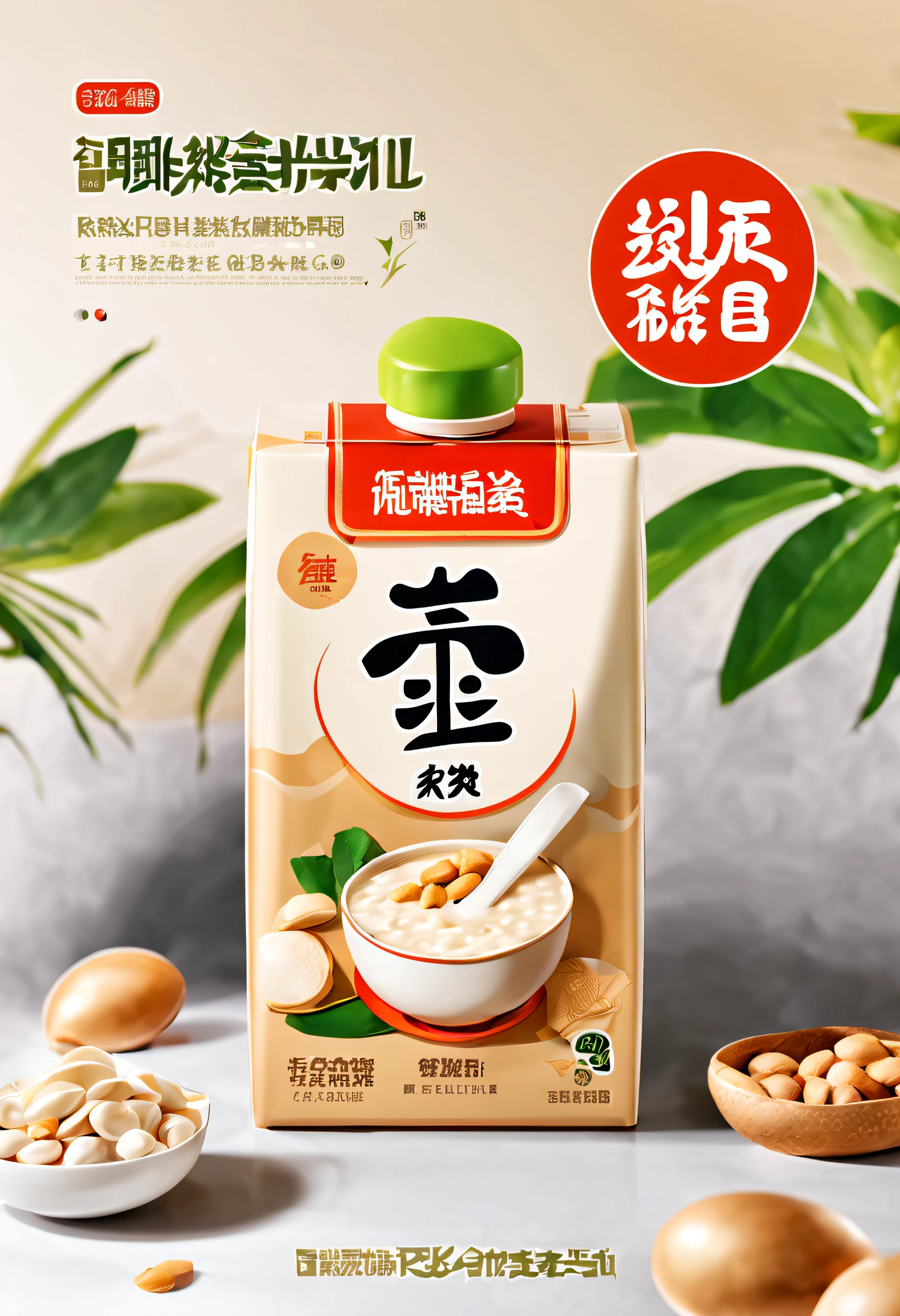 Eight treasure porridge,Commercial shooting,, ,poster for, Fresh style background, Booth lighting, Attractive, photorealistic colors, Ultra HD,photorealestic,Product packaging,Godas,Promotional packaging,packaging design,Silver Heron brand,Peanut milk,Carton carton,Taobao promotional image,Silver Heron Eight Treasures Porridge Packaging