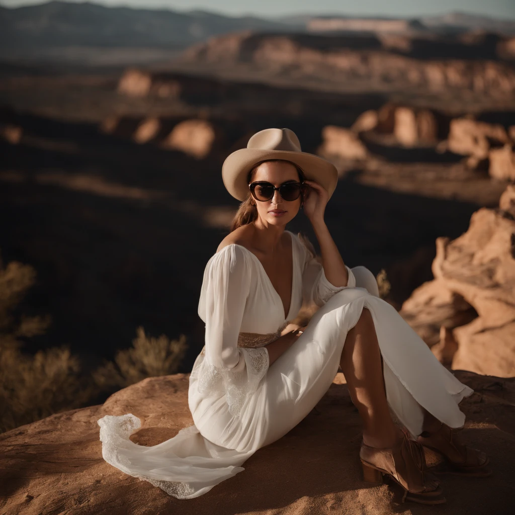 In this picture, We saw an Asian woman posing for a photo in an outdoor setting.. She sat on a table placed in front of a rock cliff., Create a beautiful backdrop for photography. Women wear minimal clothing., Only underwear and a white dress covered her body.. Her gesture showed confidence and grace as she stared into the distance..
Outdoor locations enhance the overall aesthetic of the image., There are visible mountains in the background and desert-like terrain surrounding the area.. The furniture used for this shoot includes chairs and tables., Both are made from natural materials such as wood or rattan.. Vases can be seen on one side of the table., Add a rustic feel to the scene..
Women's apparel options offer forward fashion pieces such as sunglasses and hats., Let the air of complexity. Her legs were crossed at her ankles as she sat on the table., Draw attention to her long limbs and toned body.. On the one hand, she holds what appears to be some kind of radio device..
A closer look at this image reveals various objects scattered all over the place, from clothing such as belts to metal vessels, all adding depth and detail to this captivating scene.. Even with these elements present in the image., They didn't take away from the main focus.: Show the beauty of this confident woman with the breathtaking landscape of nature..
Todo, This photo captures both simplicity and sophistication through the subject - emphasizing both natural beauty. (terrain) Along with man-made creations. (furniture). It invites viewers into intimate moments between models and photographers, while at the same time showcasing the different elements that make up the world around us..