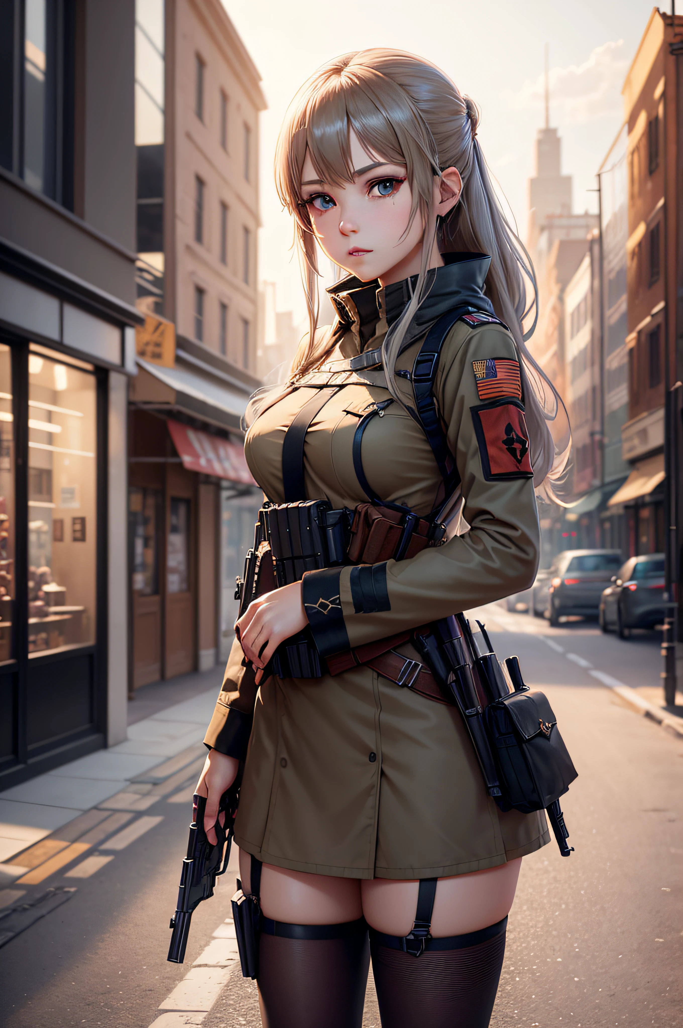 (extremely detailed CG unity 8k wallpaper),(masterpiece), (best quality), (ultra-detailed), (best illustration),(best shadow), cowboy shot, (sharp eyeliner, eyeshadow, detailed eyes:1.1), (city background:1.2), ,BREAK , mod3 (girls' frontline), ,