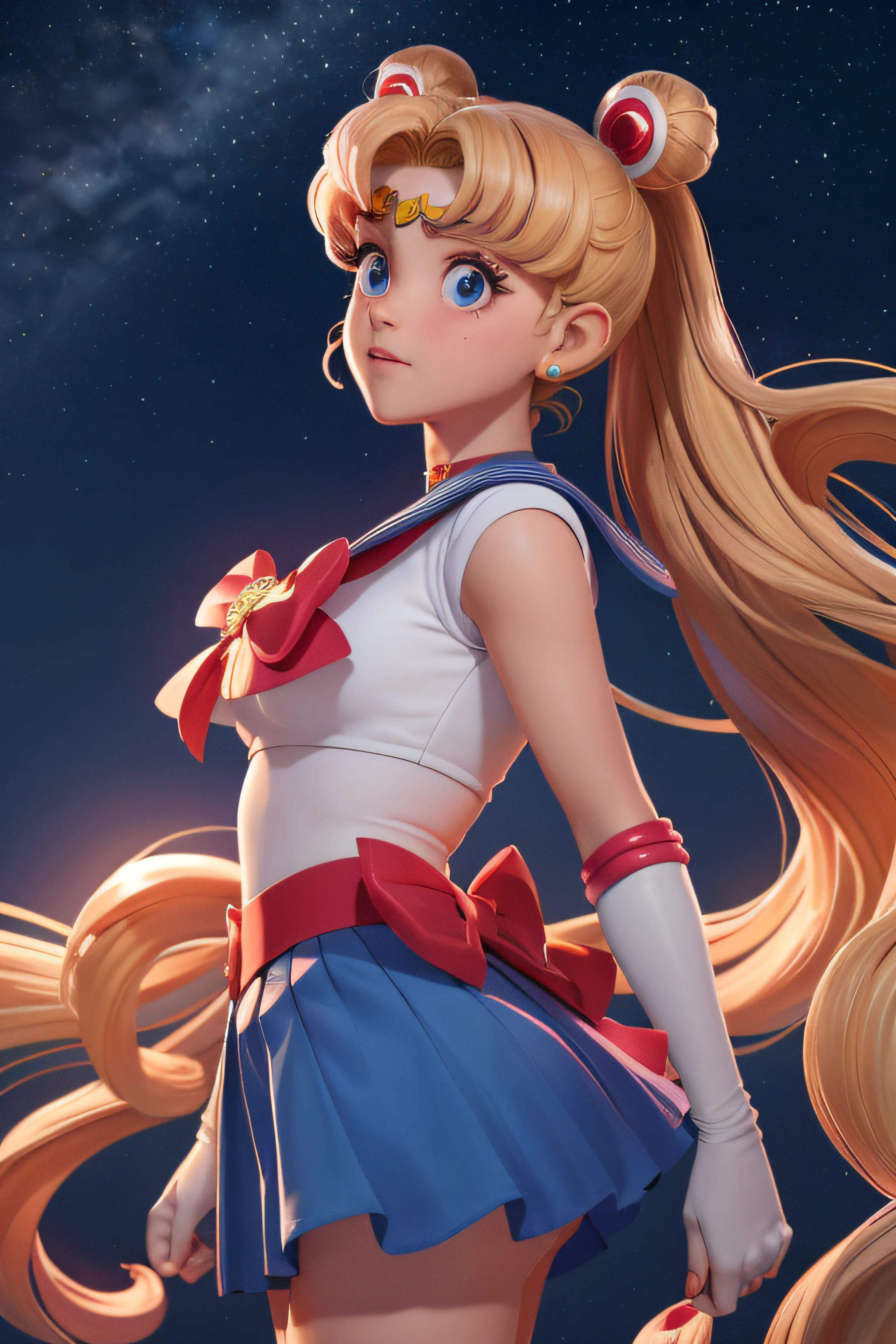 alta calidad, Obra maestra, (realista, fotorrealista:1.2) ,a high definition, Ultra detallado, Foto RAW,fcRetrato, Looking at the camera, De frente, ojos a un lado, Gargantilla roja, Sailor Luna, Usagi Tsukino, Uniforme de marinero, cuello azul, falda muy corta, falda azul, cuerpo completo, 1 girl in, solamente, flotante, Cabello largo, colas gemelas, Bollo chino gemelo, cabello rubio, energetic, jumping, Mirando hacia arriba, Parte frontal, Kinematic, papel tapiz, ojos grandes, Pupilas azules, kawaii, super cute, bonita, splendid, jewely, cielo nocturno, cielo estrellado, Cara perfecta, piel perfecta, luna creciente en su frente, Pendientes, Horquillas, lazo rojo en el pecho, lazo rojo en la cintura, FALDA ARRIBA, MOSTRANDO SU CULO