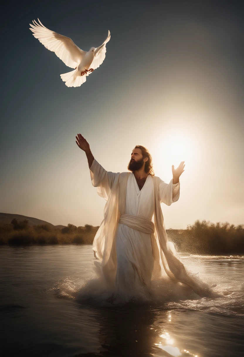 generate an image of John the Baptist in the Jordan River baptizing Jesus Christ, the sun shining, emanating an intense light and a white dove flying over the two while they are in the river