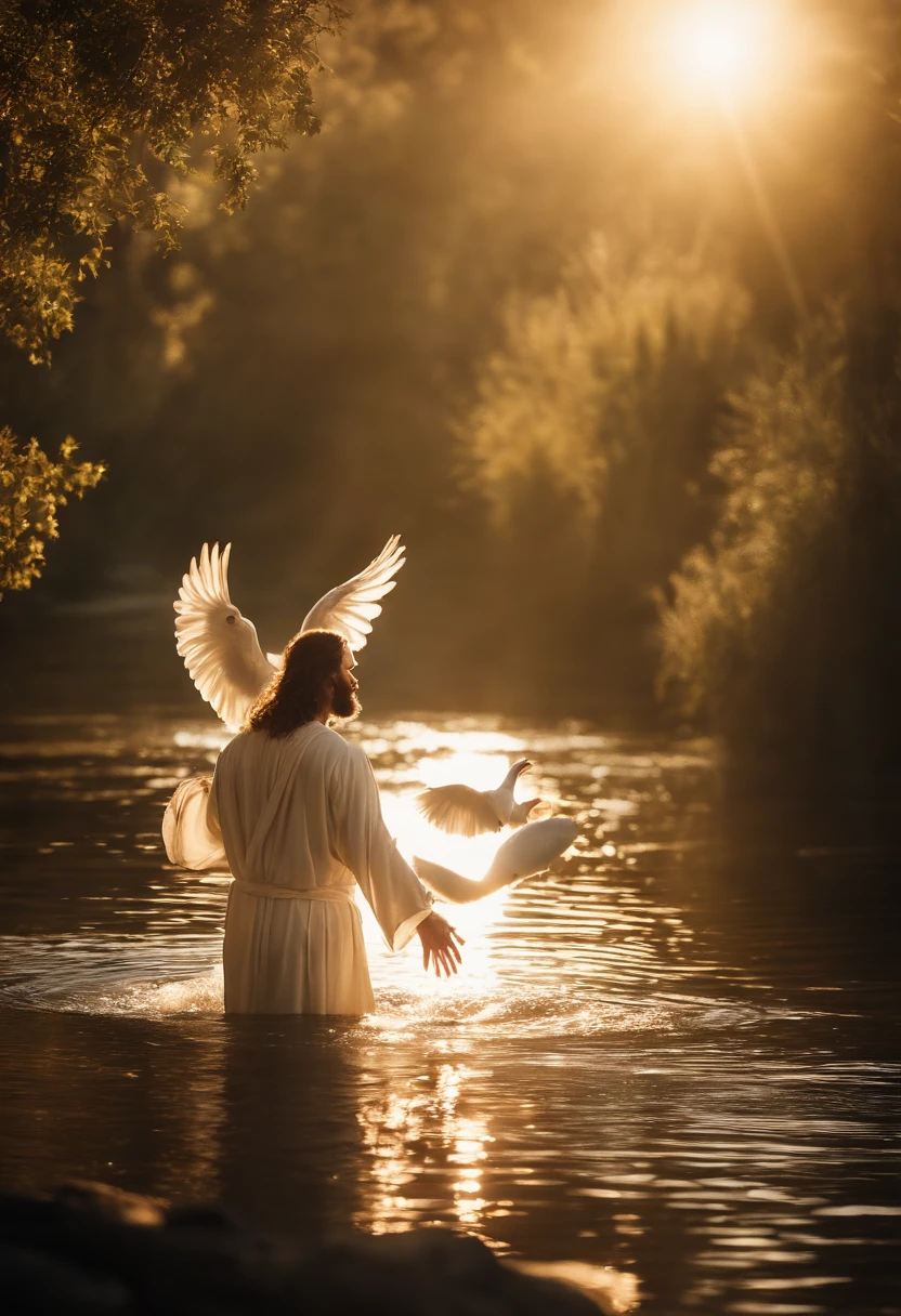 generate an image of John the Baptist in the Jordan River baptizing Jesus Christ, the sun shining, emanating an intense light and a white dove flying over the two while they are in the river