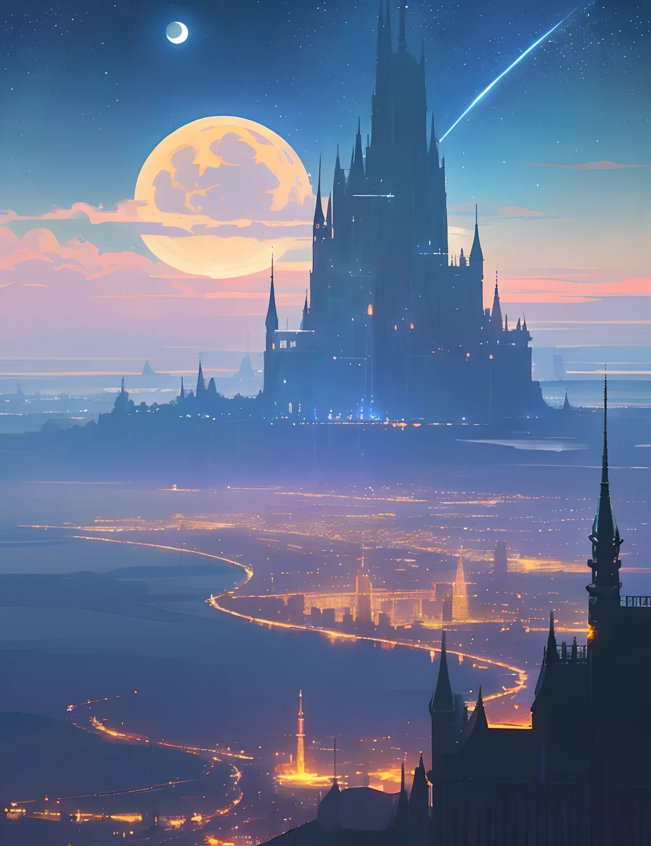Painting of a river with stars and moon in the sky、the met、Skyscrapers、Concept art inspired by Mitsuoki Tosa、Pixiv Contest Winners、top-quality、Fantasyart、beautiful anime scene、Bright moon、Moonlit star environment、Dream painting、anime background art、Fantasy landscape art、fantasy knight、anime backgrounds、background artwork、fantastic art、atmospheric anime、starrysky、Detail has been enhanced。